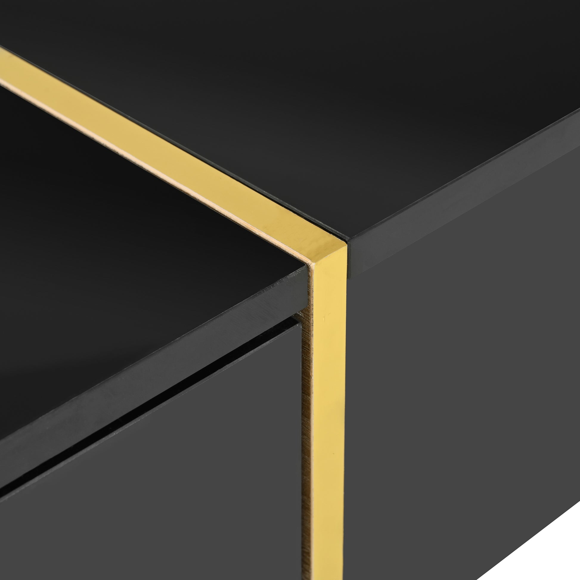 47.2'' X 31.4''Minimalist High Gloss Coffee Table With 2 Drawers, Multi Storage Rectangle Sofa Table With Golden Wood Grain Legs, Modern Center Table For Living Room, Black Black Particle Board Mdf