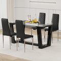 Table And Chair Set.A Rectangular Dining Table Features With Tempered Glass Top And Sleek Black Mdf Stand.Paried With 4 Pu Chairs With Checkered Armless High Back And Electroplated Metal Legs. Black,Transparent Seats 4 Mdf Glass