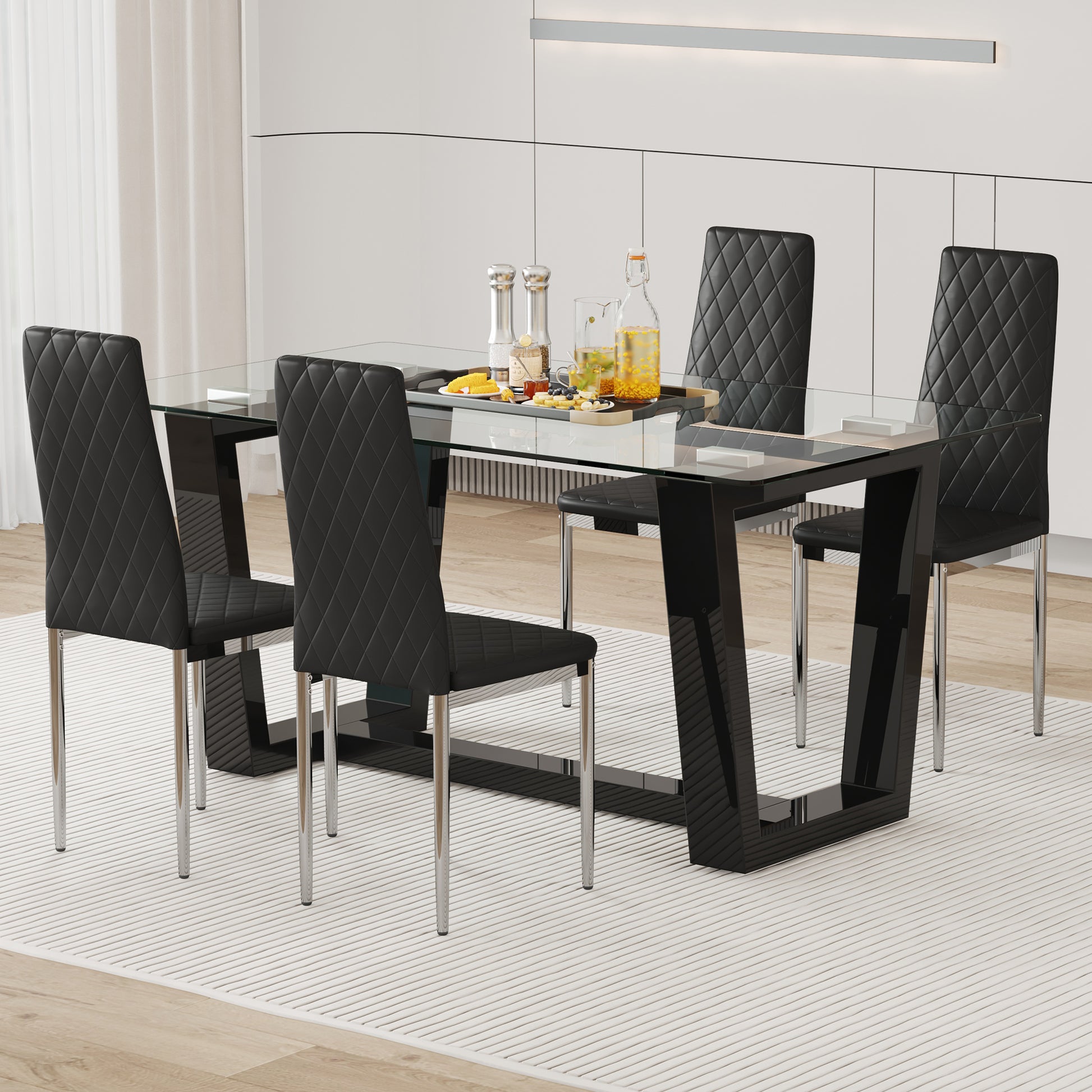 Table And Chair Set.A Rectangular Dining Table Features With Tempered Glass Top And Sleek Black Mdf Stand.Paried With 4 Pu Chairs With Checkered Armless High Back And Electroplated Metal Legs. Black,Transparent Seats 4 Mdf Glass