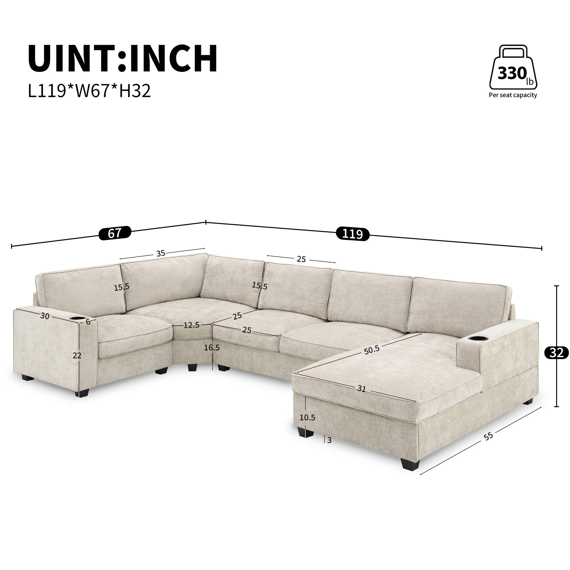 119*67" U Shaped Sectional Sofa,6 Seat Chenille Couch Set With Oversized Chaise Lounge,Irregular Corner,Deep Seat Comfy Sofa With Cup Holders For Living Room,Apartment,2 Colors Beige Chenille 6 Seat