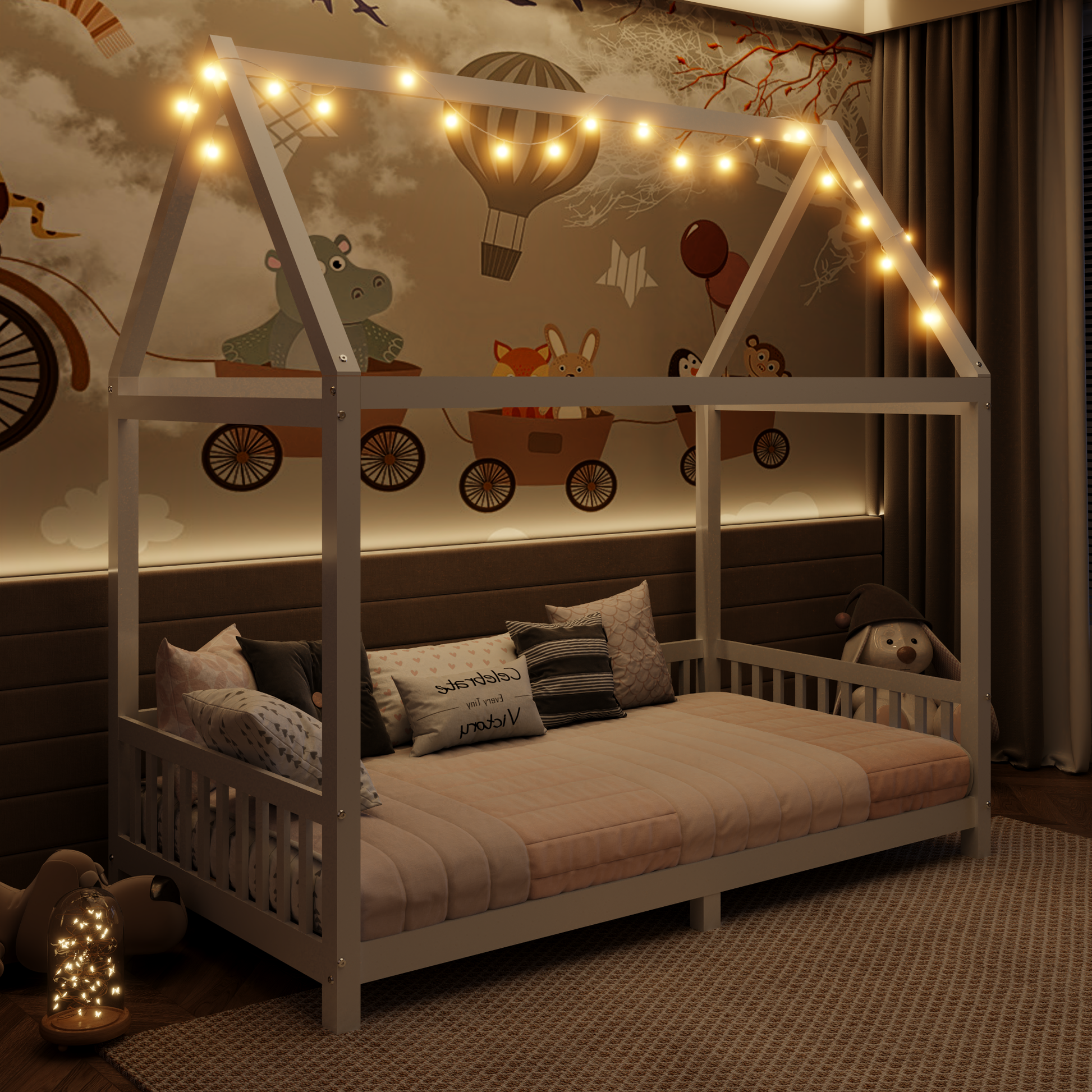 Wood Twin Size House Bed With Guardrail And Led, White Box Spring Not Required Twin White Wood Bedroom Solid Wood Mdf