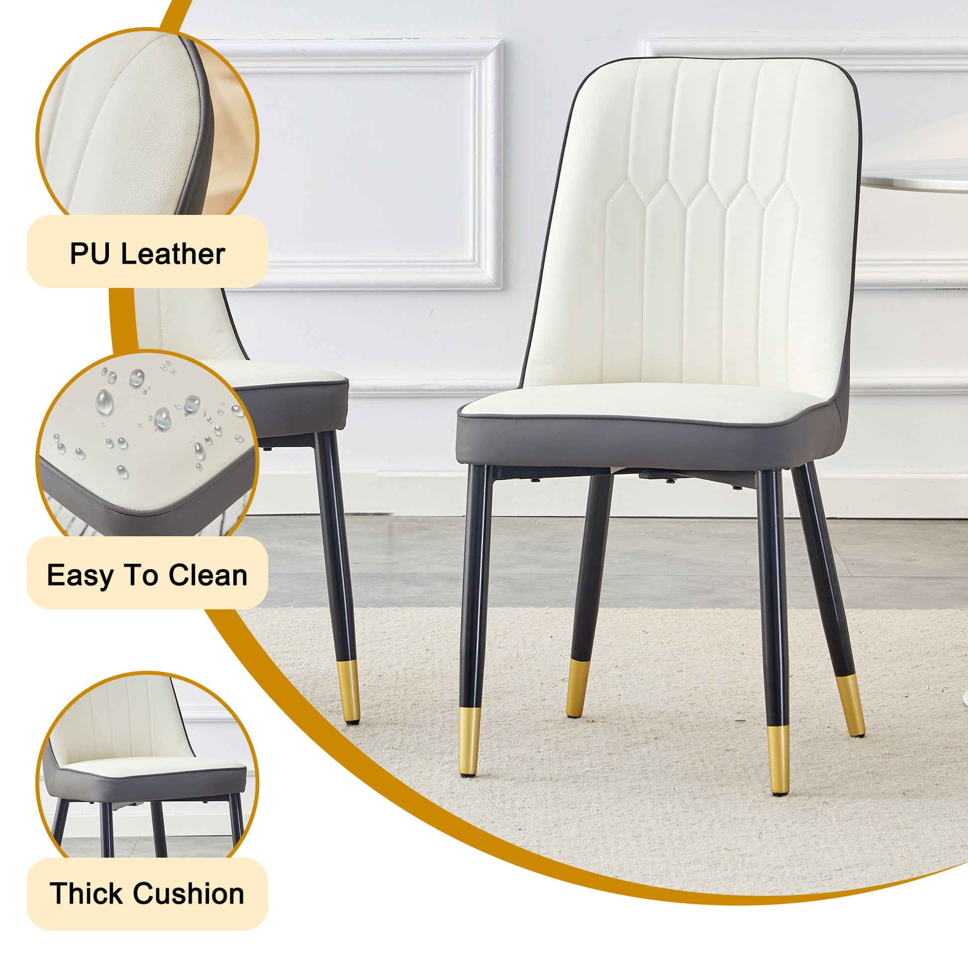 Table And Chair Set.Modern Rectangular Dining Table With Black Textured Stickers Glass Tabletop And Gold Plated Metal Legs.Paried With 4 Comfortable Chairs With Pu Seats And Black Metal Legs. Black Gold,White,White Gray Seats 4 Glass Metal