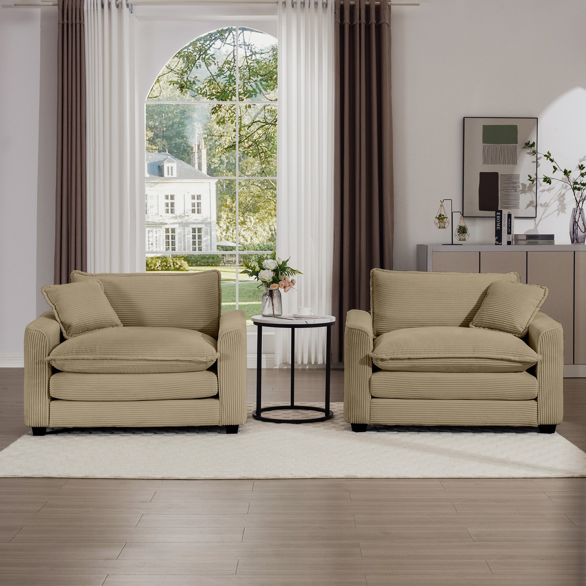 Luxurious And Sophisticated Deep Seated Sofa Set With Two Single Chairs In Tan Corduroy Fabric, Suitable For Bedroom And Office Tan Corduroy 2 Seat