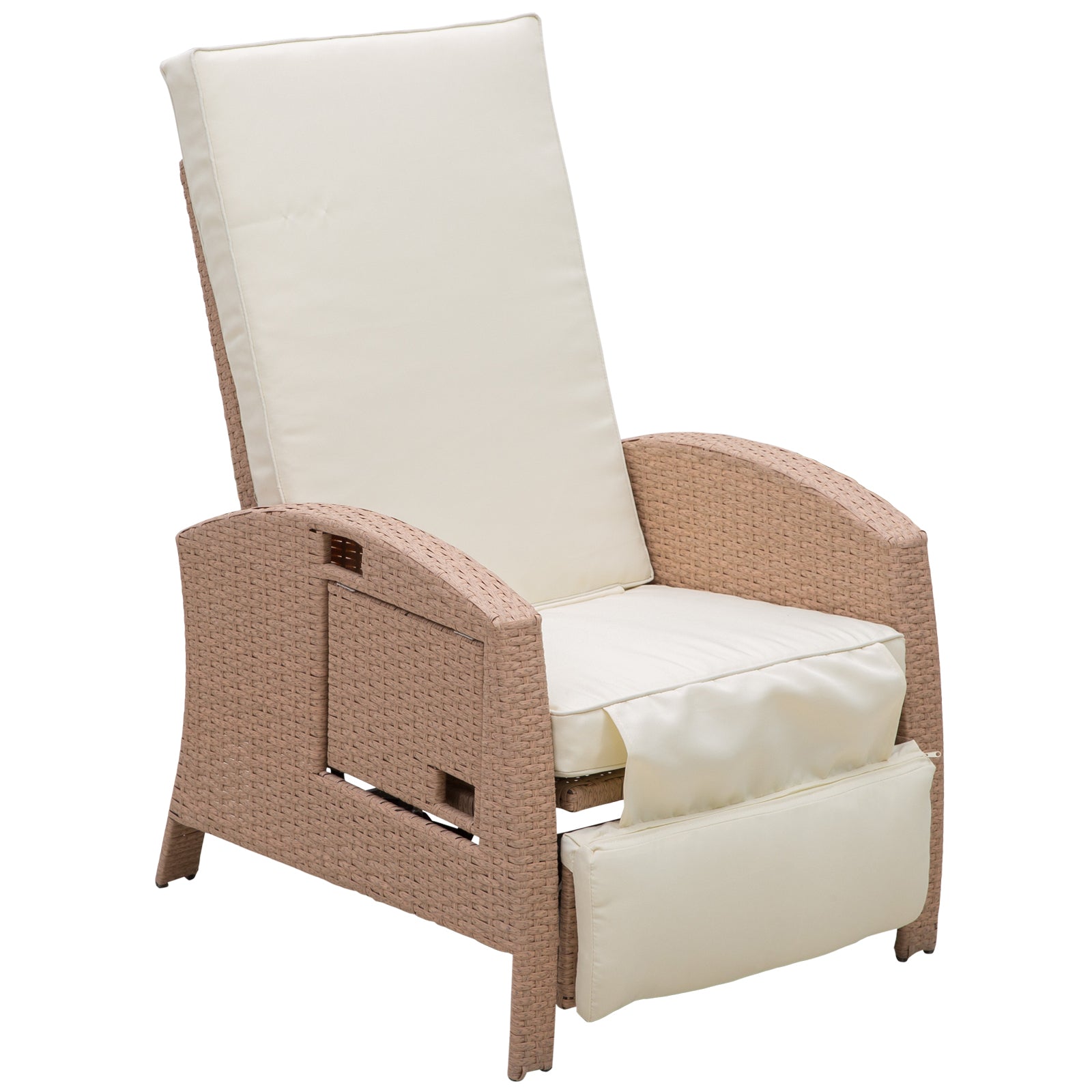 Outsunny Patio Recliner, Outdoor Reclining Chair With Flip Up Side Table, All Weather Wicker Metal Frame Chaise With Footrest, Cushions, Beige Beige Steel