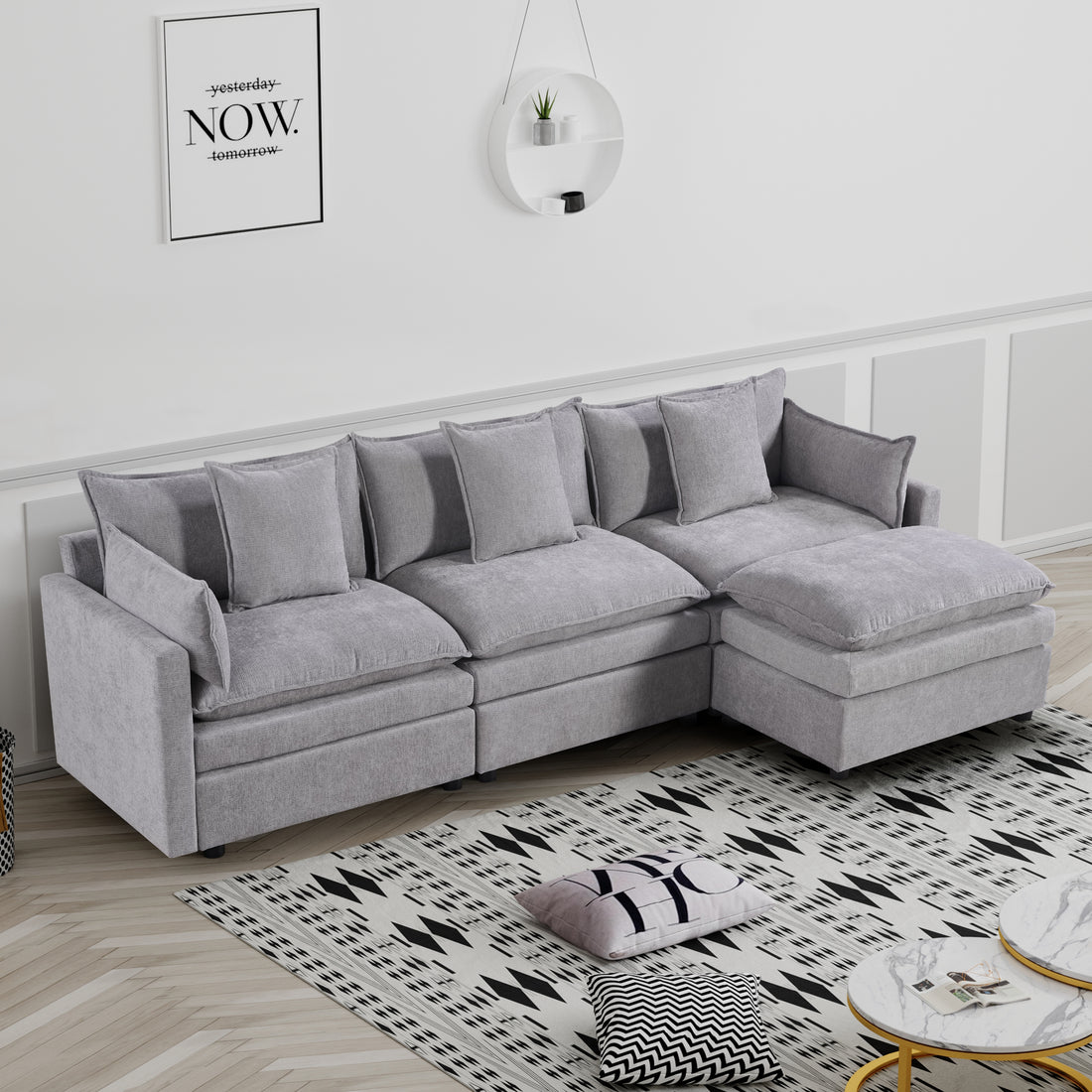 108.66"Modern Chenille L Shaped Sectional Sofa With Convertible Chaise, Comfy Cloud Couch Deep Sectional Sofa With Ottomans For Living Room Light Gray Wood Foam Chenille 3 Seat