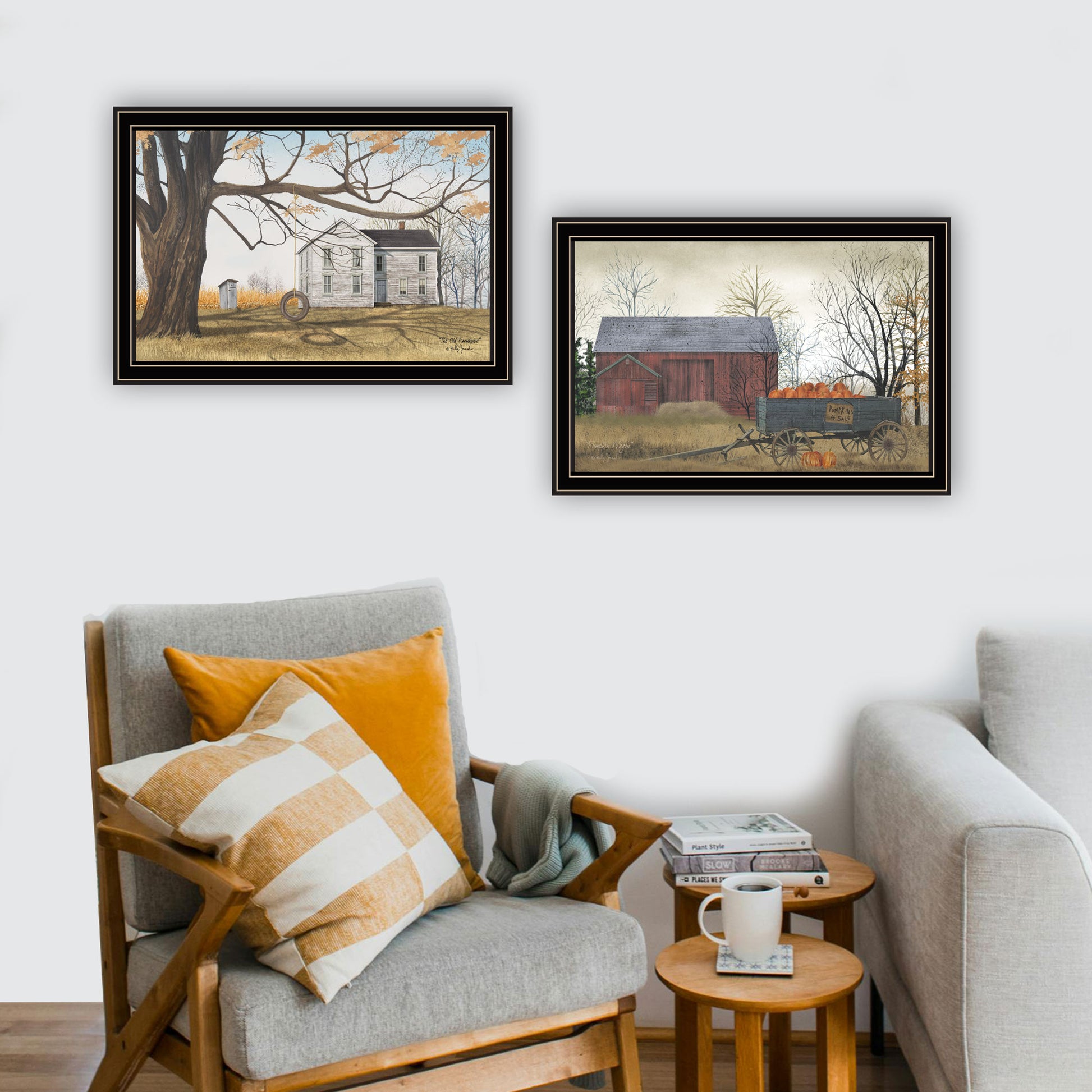 2 Piece Vignette Farmhouse, Barn & Pumpkin Wagon Black Framed Wall Art For Living Room, Bedroom Wall Art Print For Home Decor By Billy Jacobs Multicolor Wood Paper
