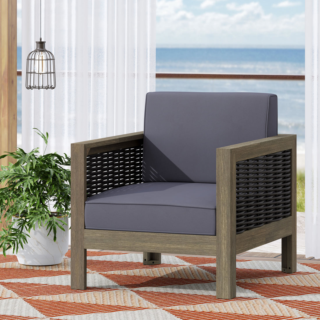 Outdoor Acacia Wood Club Chair With Wicker Accents, Gray Mixed Gray Brown, 30.25"D X 27.5"W X 23.75"H Gray Acacia Wood