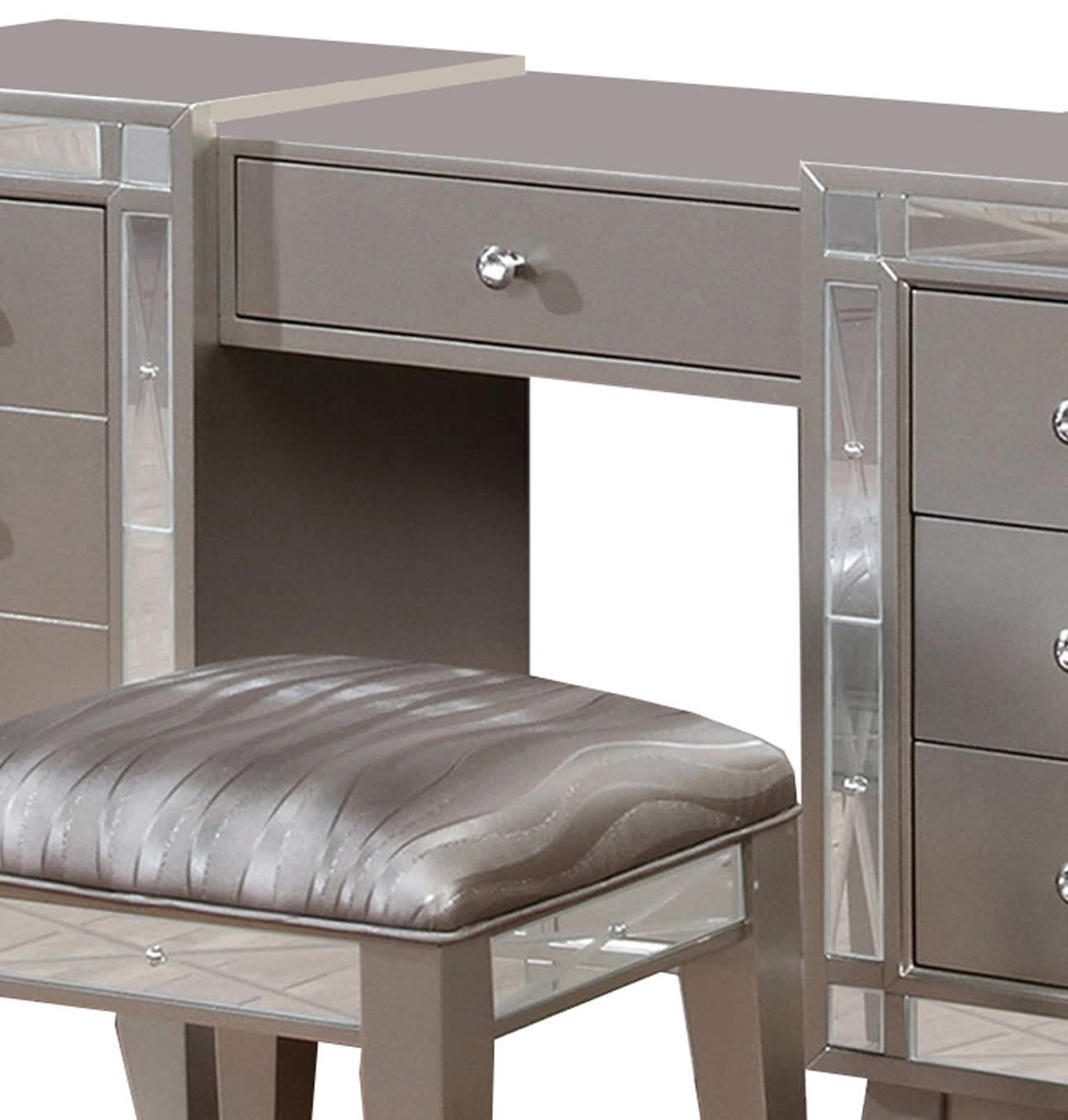 Wooden Set Of Vanity And Stool With Mirrored Accents, Mercury Silver Silver Wood