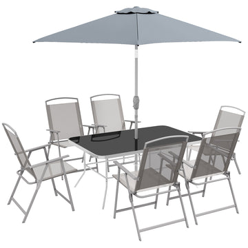 Outsunny 8 Piece Patio Dining Set With Table Umbrella, 6 Folding Chairs And Rectangle Dining Table, Outdoor Patio Furniture Set, Gray Grey Metal