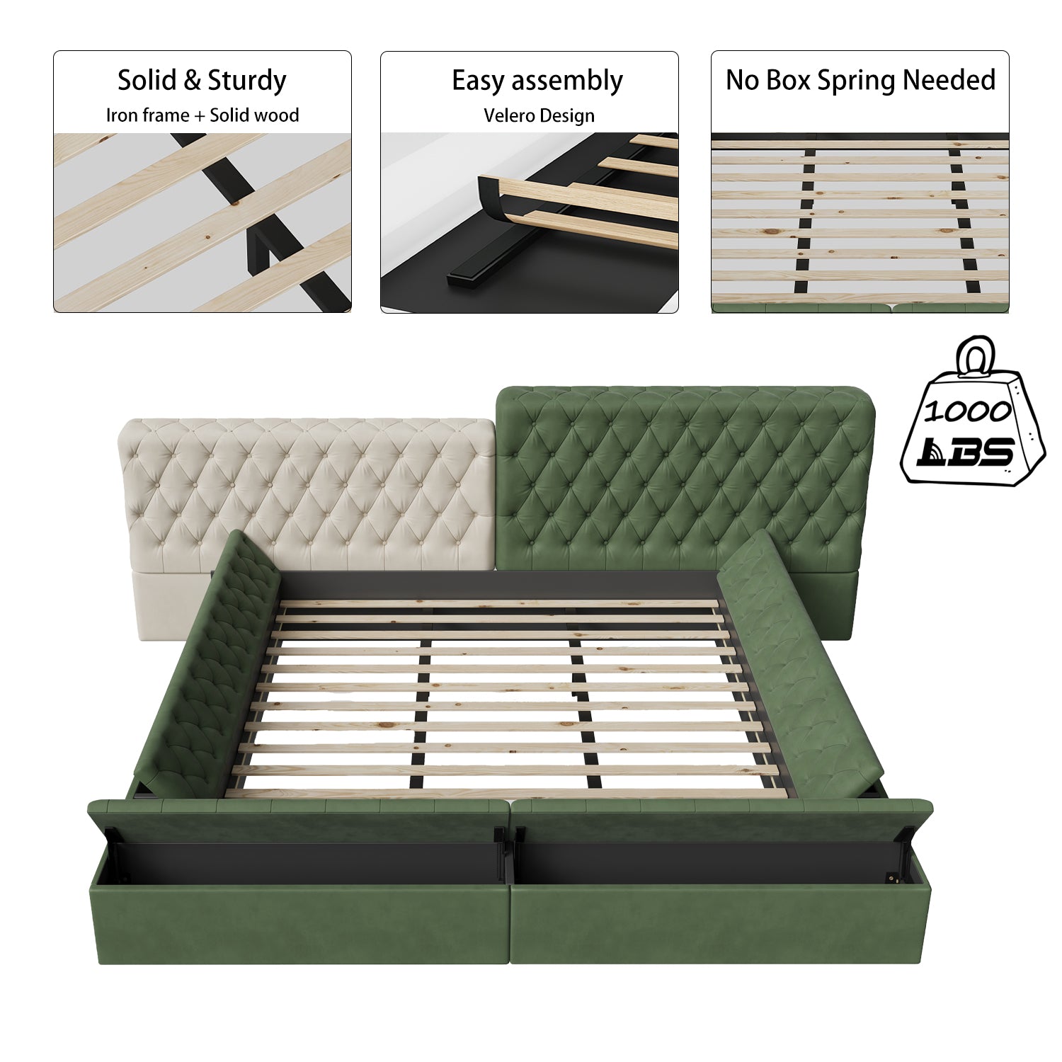 Contemporary Special Shaped Fully Upholstered Bed With Deep Button Tufting And Storage Compartments In Rails And Footboard,No Box Spring Needed,King,Green Box Spring Not Required King Green Solid Wood