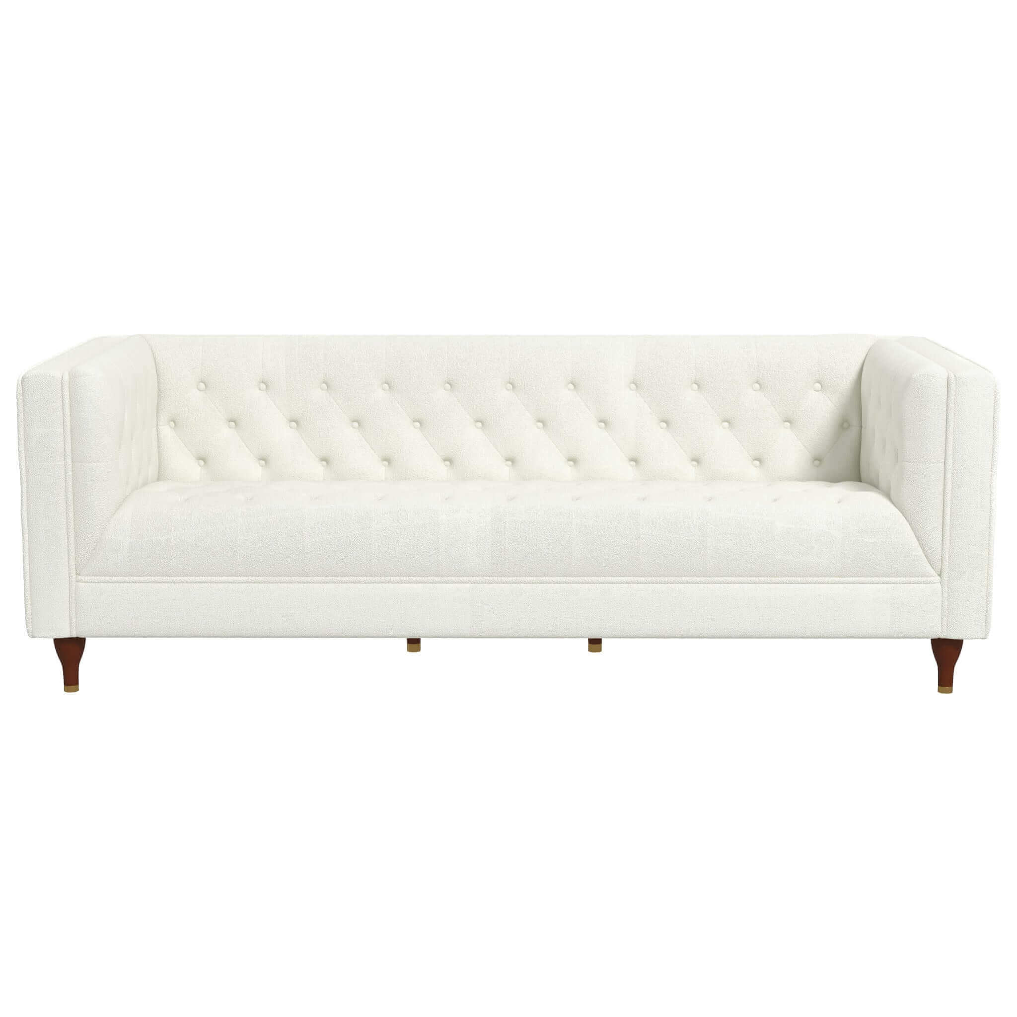 Evelyn Mid Century Modern Beige Boucle Luxury Chesterfield Sofa Ivory White,White Brown Wood Tufted Back Boucle,Solid Wood 3 Seat