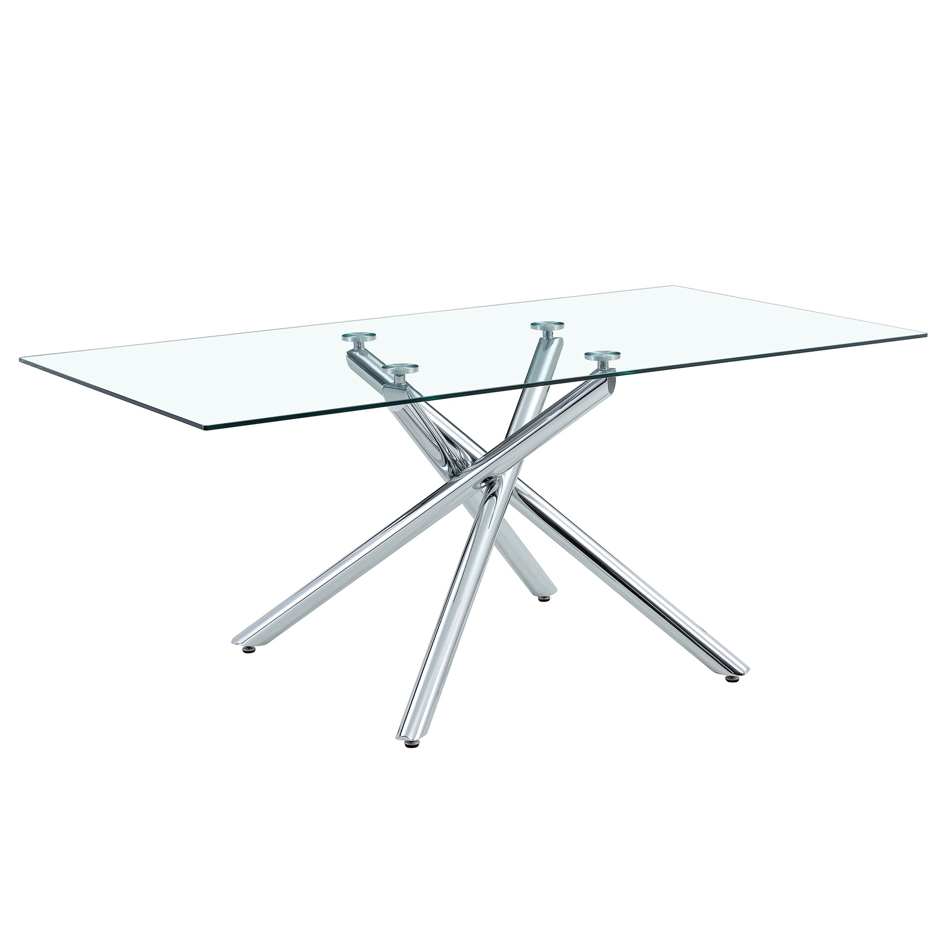 Table And Chair Set.Modern Luxurious Transparent Tempered Glass Dining Table Set.Paried With 6 Chairs With Pu Cushion And Silver C Tube Metal Legs. Transparent,White Seats 6 Glass Metal