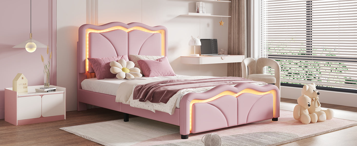 Twin Size Upholstered Platform Bed With Curve Shaped And Height Adjustbale Headboard,Led Light Strips,Pink Twin Pink Upholstered