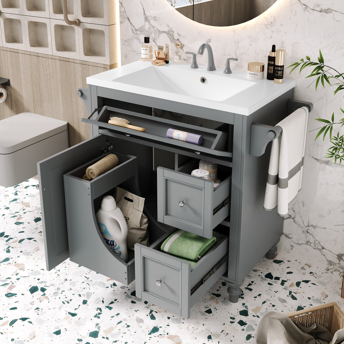 30'' Bathroom Vanity With Top Sink, Modern Bathroom Storage Cabinet With 2 Drawers And A Tip Out Drawer, Single Sink Bathroom Vanity Same As N710S130001E Grey Bathroom Modern Solid Wood Mdf Resin