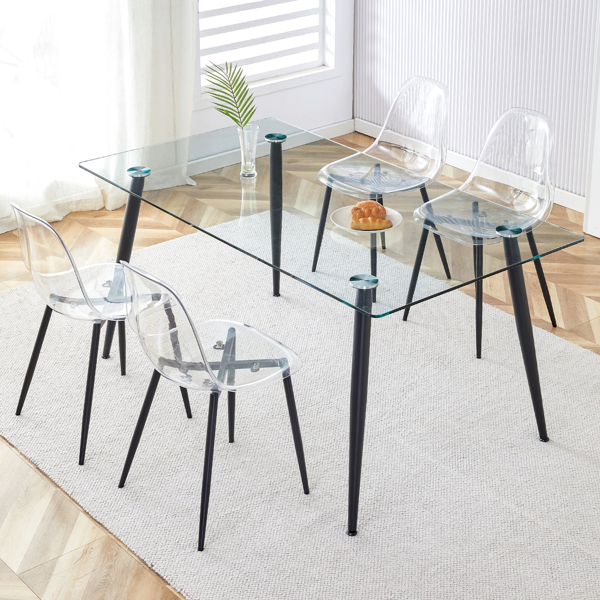 1 Table And 4 Chairs. Rectangular Table, Transparent Tempered Glass Tabletop, And Black Metal Table Legs. Paired With 4 Black Metal Leg Chairs. Dt 1544 Tw 1200 Transparent Seats 4 Glass Metal