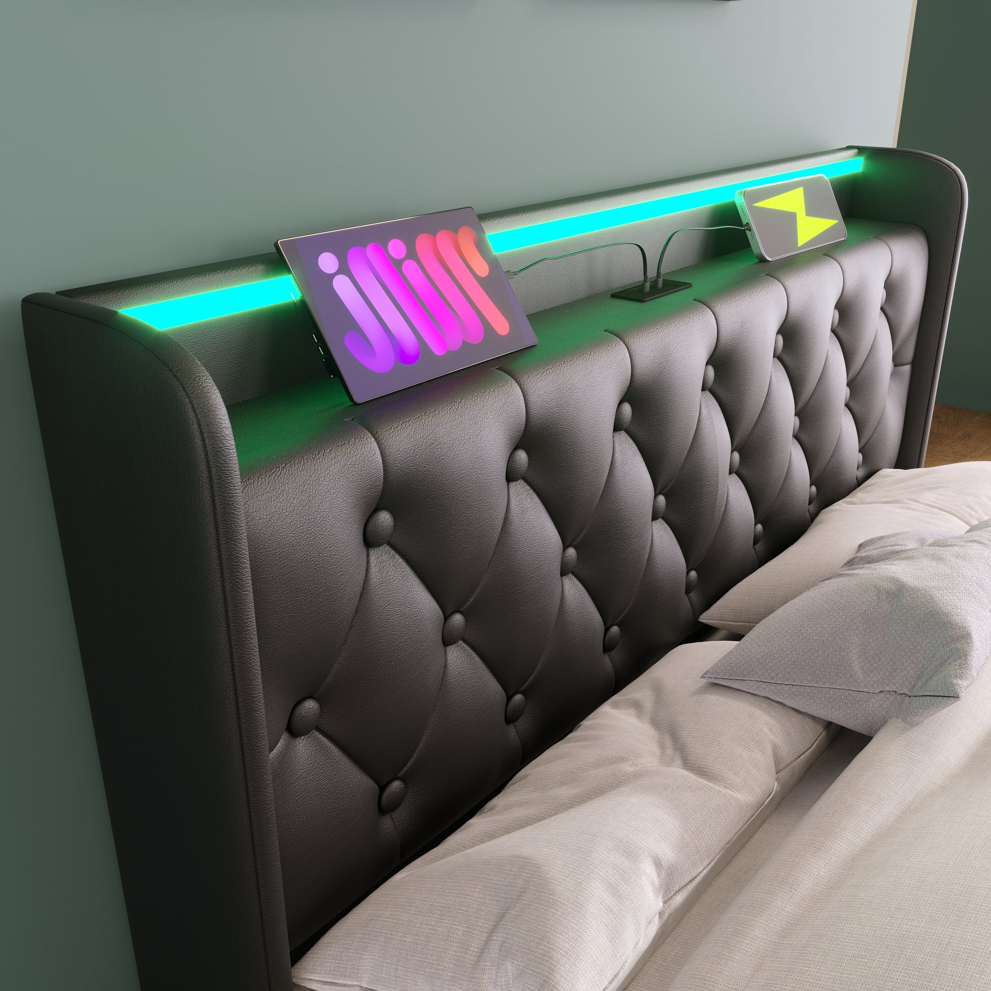 Full Size Upholstered Bed, 360 Surround Led Function, Buttons Apps Remote Control, Hydraulic Storage Bed With Usb Type C Charging, Black,Pu Without Mattress Full Black Pu