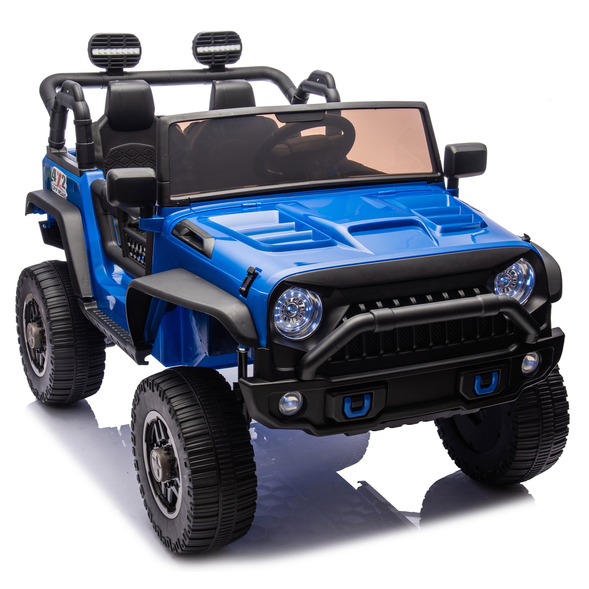 24V Two Seater Kids Ride On Truck Car W Parents Control,200W*2,Seat Width 20.28In,Four Wheel Suspension,Led Lights,Music,Mp3,Bluetooth,Two Independent Seat Belts,Suitable For Off Road For Kids Aged 3 Blue 100 149 Lbs Polypropylene