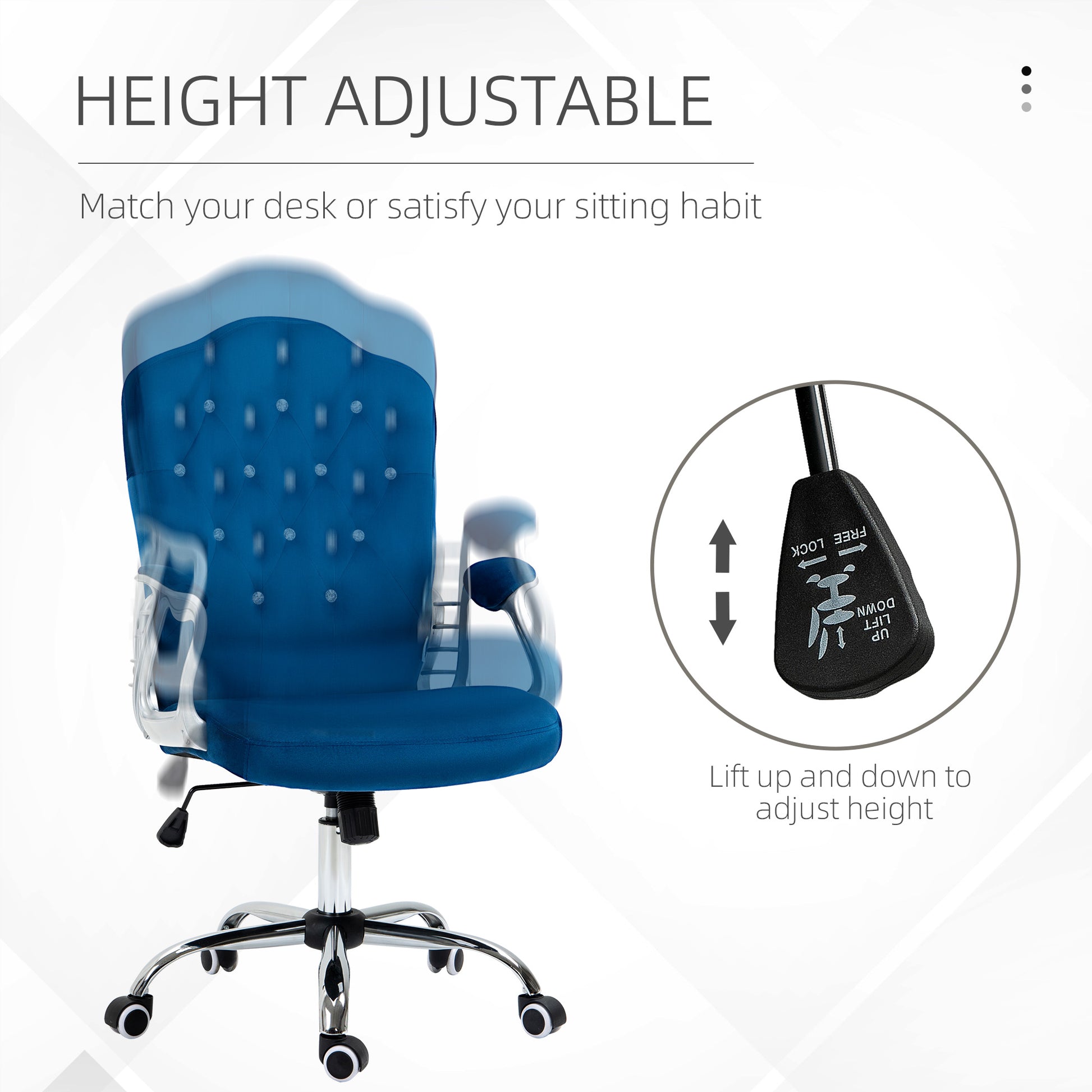 Vinsetto Home Office Chair, Velvet Computer Chair, Button Tufted Desk Chair With Swivel Wheels, Adjustable Height, And Tilt Function, Blue Blue Polyester