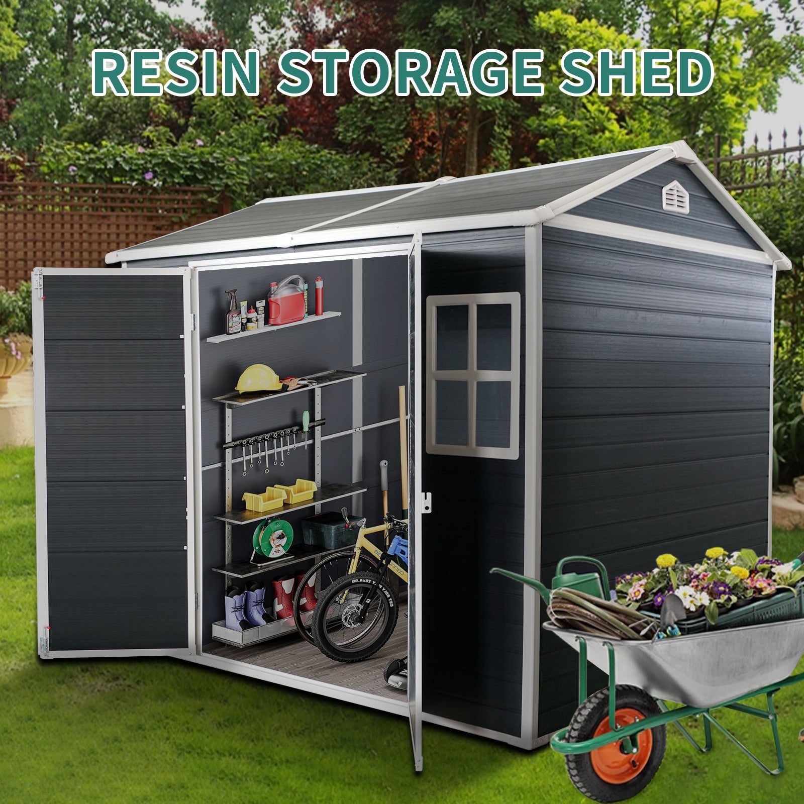 8X6Ft Outdoor Resin Garden Shed With Floor And 2 Windows, Plastic Patio Outdoor Storage Shed With Lockable Door For Garden Tools, Bicycles, Trash Cans, Dark Grey Dark Gray Garden & Outdoor Plastic