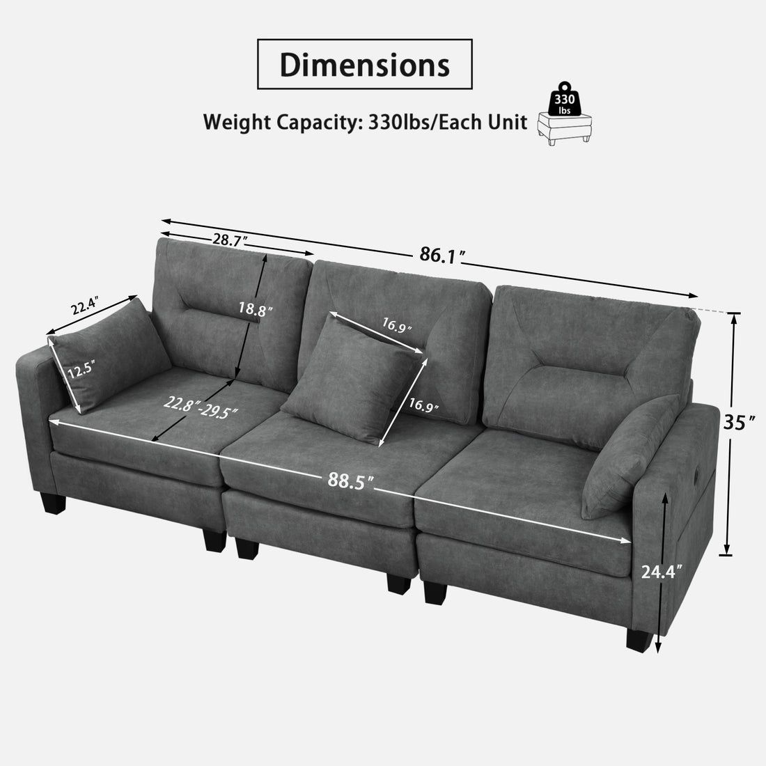 Oversized 86.1'' L Shaped Modular Sectional Couches With Usb Ports, Lumbar Pillows Gray Velvet Wood Primary Living Space Medium Soft Cushion Back Extra Heavy Duty Foam Foam Spring 5 Seat