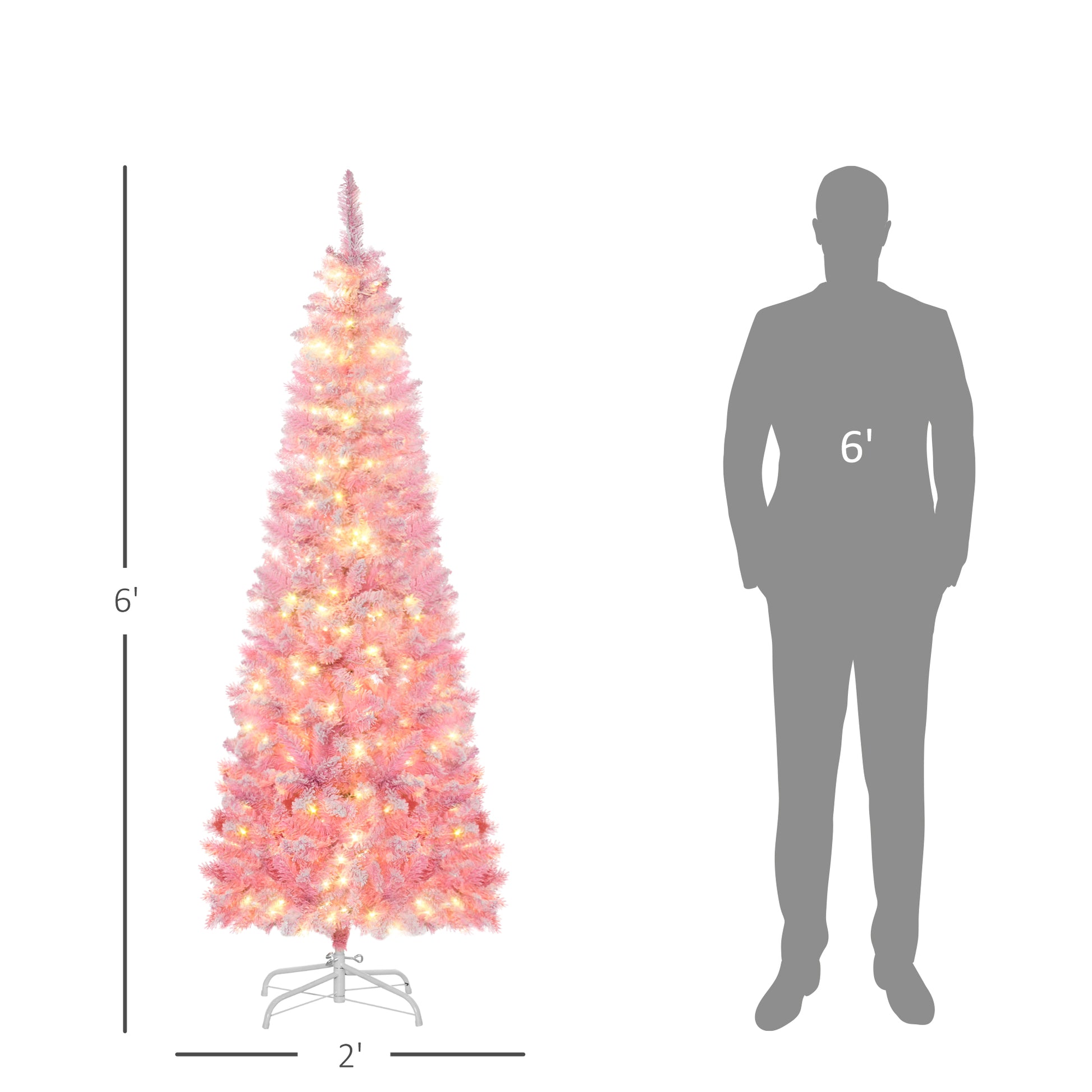 Homcom 6Ft Prelit Snow Flocked Artificial Christmas Tree With Pencil Shape, Pine Realistic Branches, Warm White Led Lights, Auto Open, Pink And White Pink Plastic