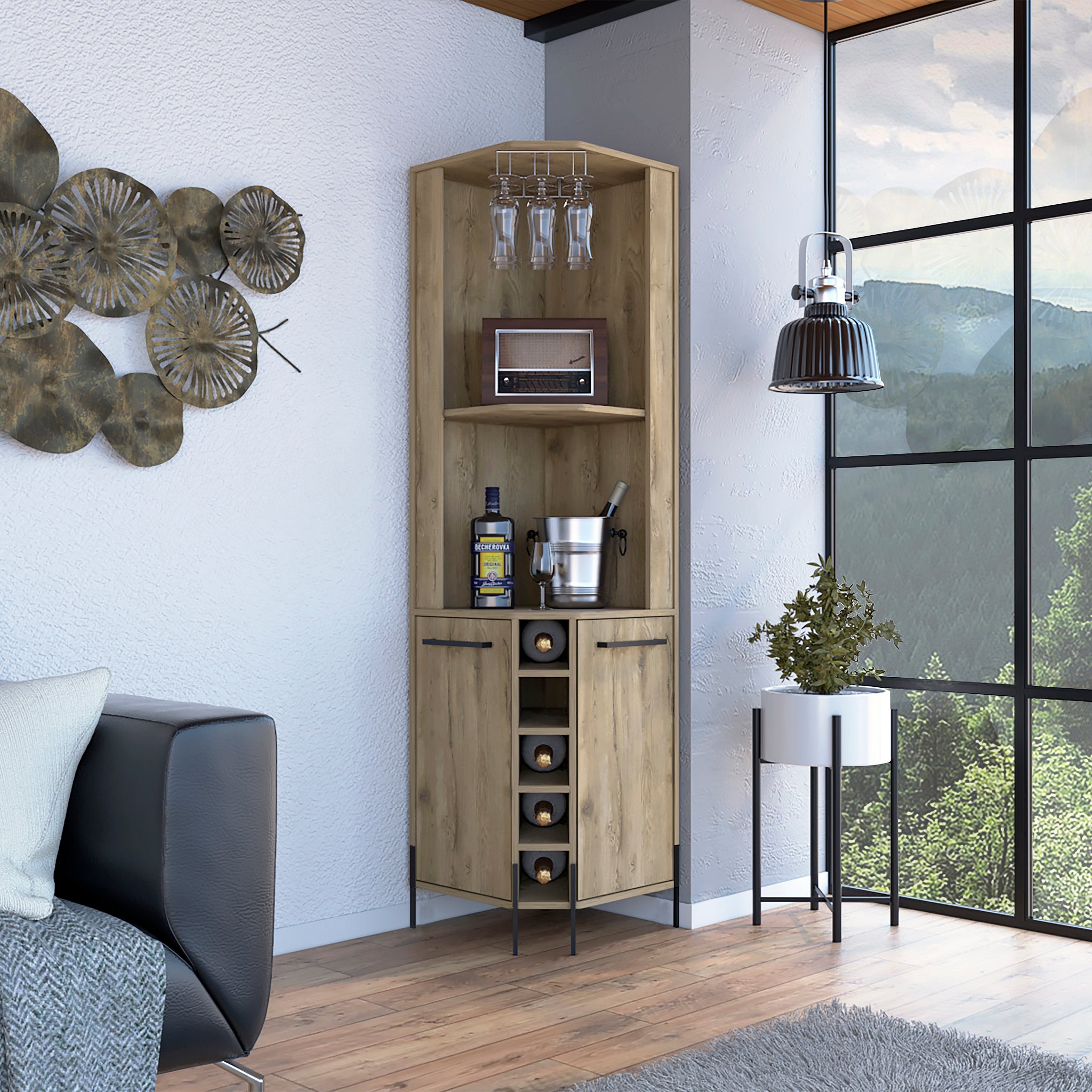 Hans Corner Bar Cabinet, Two Shelves, Five Built In Wine Rack Macadamia Beige Particle Board Particle Board