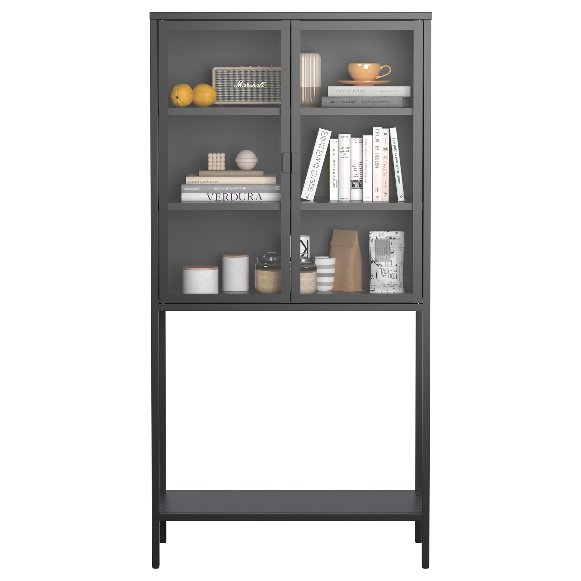 59"H Heavy Duty Metal Storage Cabinet,Sideboards & Buffet,Display Storage Cabinet With Glass Doors And 2 Adjustable Shelves, Tall Bookcase Modern Bookshelf Cabinet For Home Office, Living Room Black Primary Living Space Modern Metal Metal