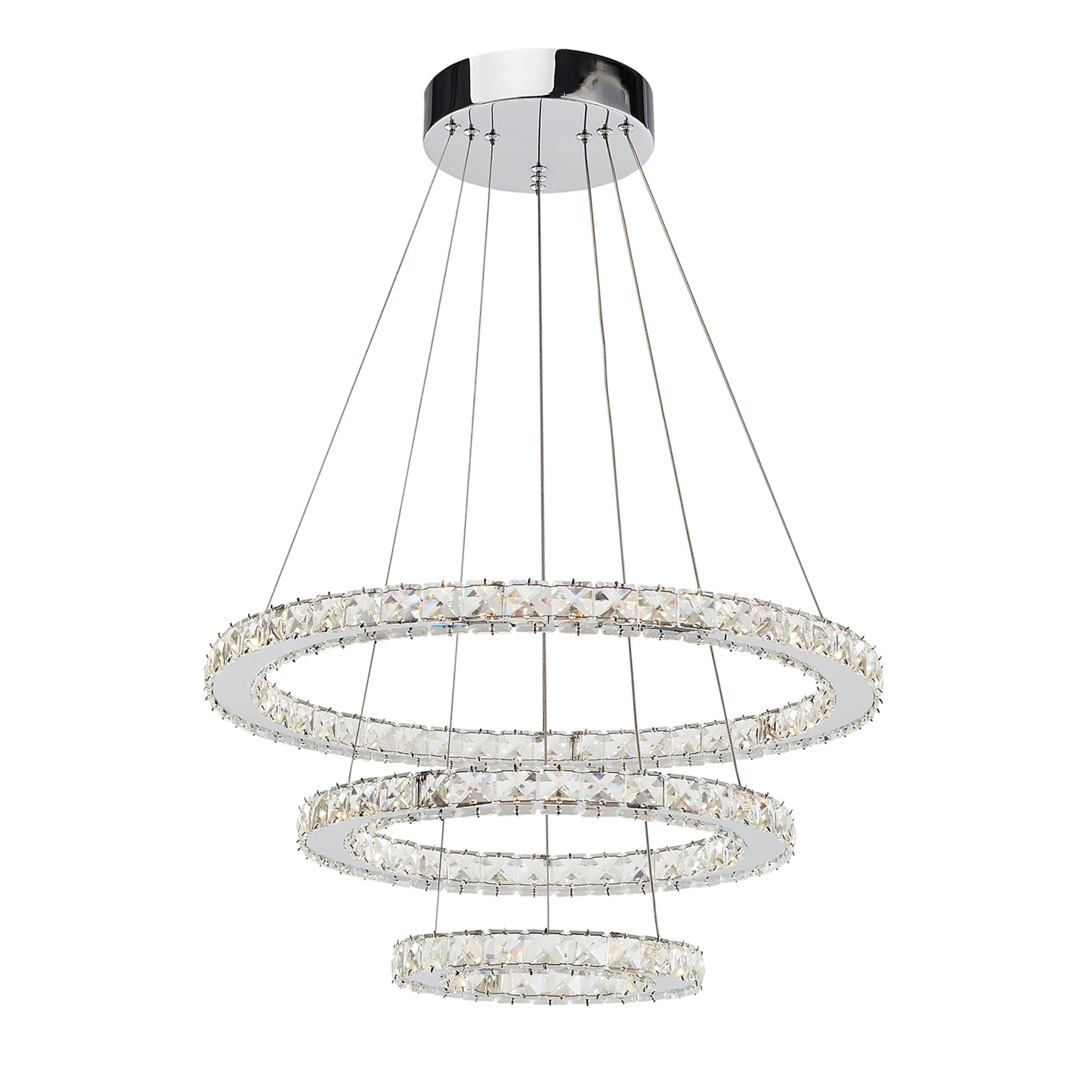 3 Layers Round Ring Chandelier, Iron Stainless Steel Crystal Chrome Color 4000K Natural White Lighting Fixtures, 60W Led Pendant Light For Living Room Dining Room Chrome Ceiling Lights 3100K 4200K