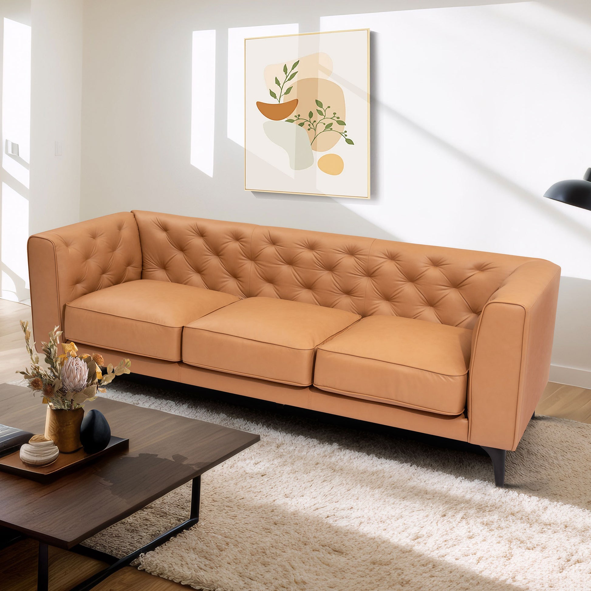 92.52 Inch Genuine Leather Couch 3 Seater Sofa With Tufted Back,Grain Leather Couch With Feather,Down Topper On Seating Surfaces Sofa For Living Room, Comfy Sofa Couch With Extra Deep Seats,Tan Tan Genuine Leather 3 Seat