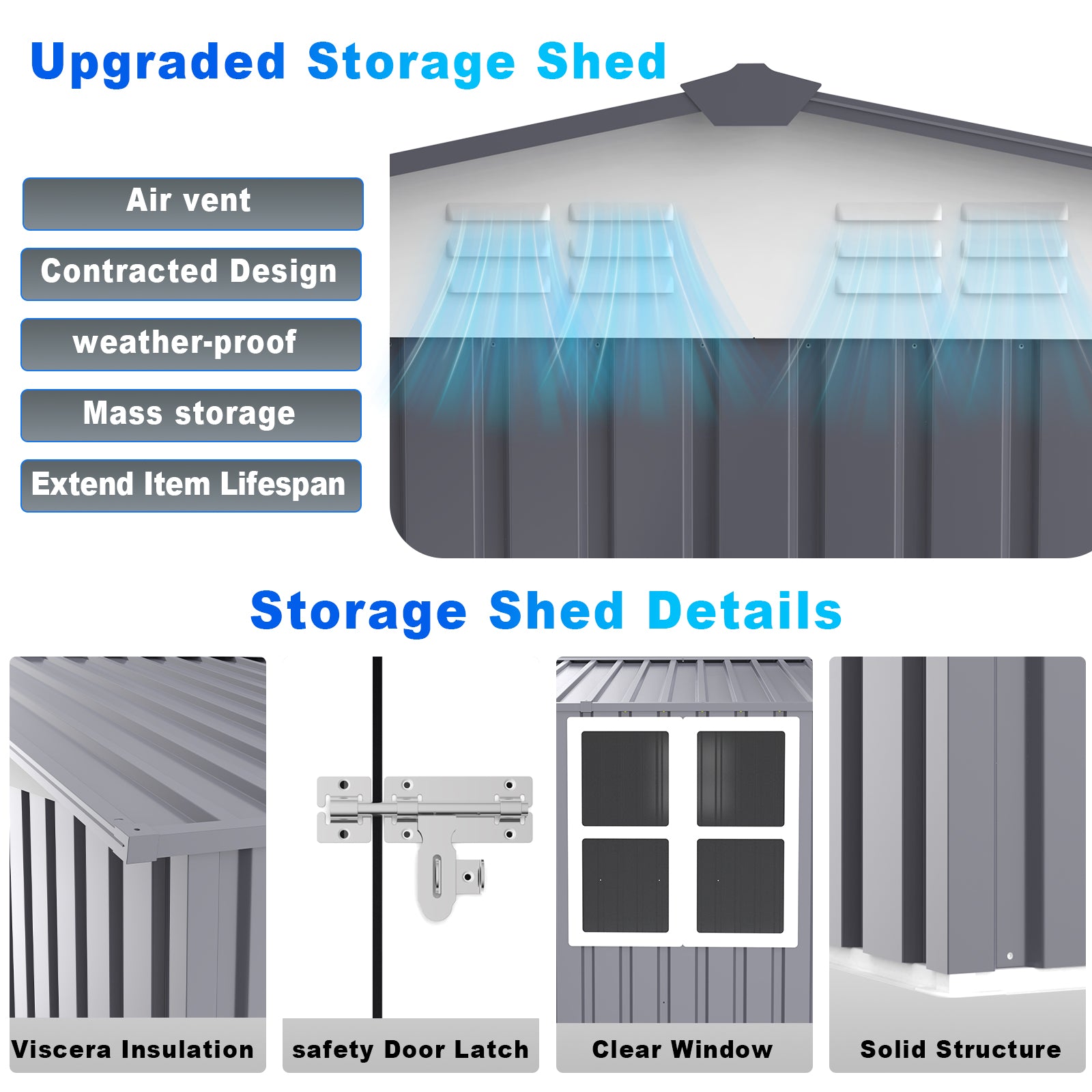 Outdoor Storage Shed 8X12Ft Outdoor Storage Shed With Windows,With Sloped Roof & Double Lockable Door,Storage Shed Large With 6 Vents, Garden Tool Shed For Backyard Garden Patio Law Grey Rectangular