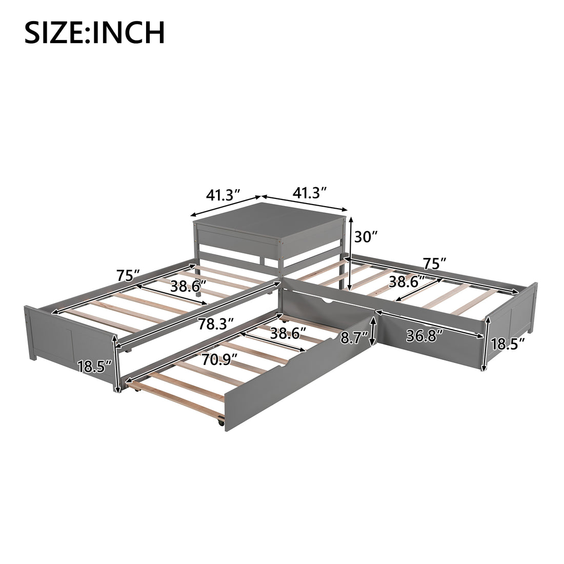 L Shaped Platform Bed With Trundle And Drawers Linked With Built In Desk,Twin,Gray Old Sku:Sm000916Aae 1 Box Spring Not Required Twin Gray Wood Bedroom Pine