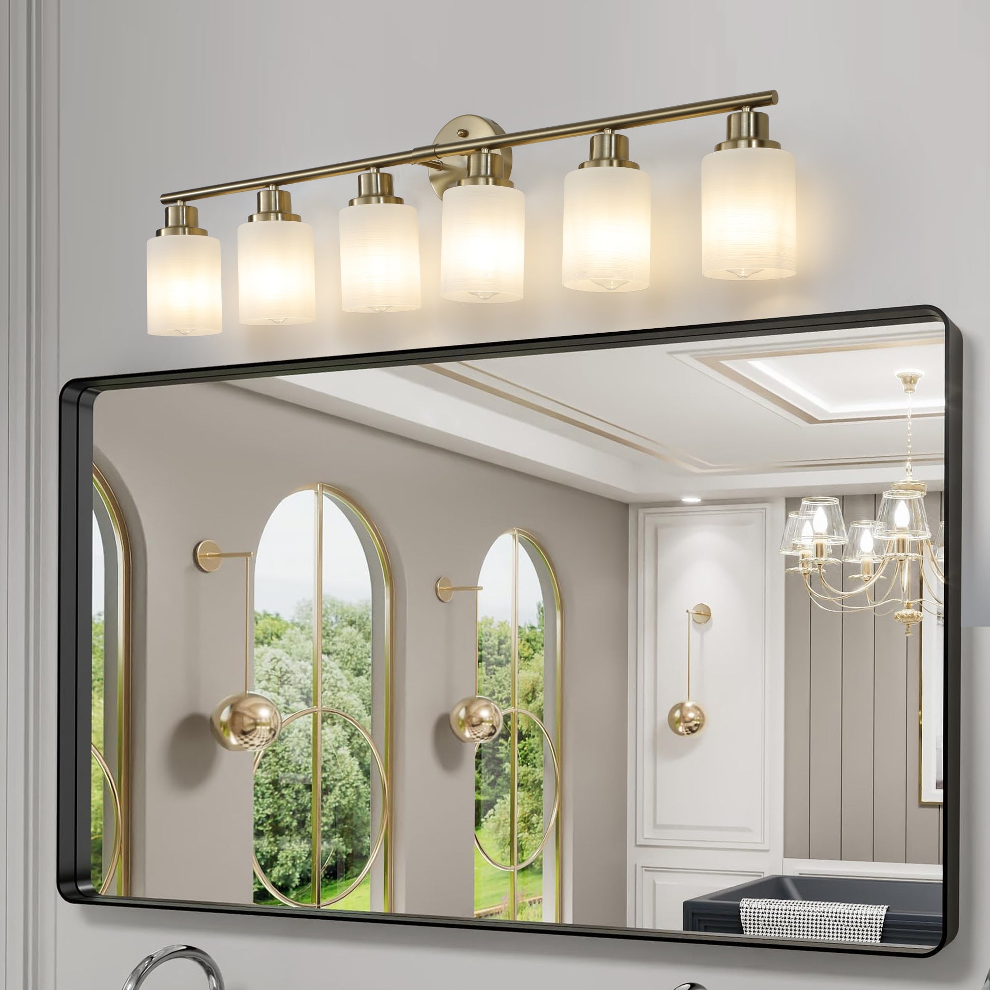 6 Light Golden Bathroom Vanity Light Fixture, Frosted Glass Shades, Modern Wall Mounted Lighting No Bulbs Golden Glass,Iron