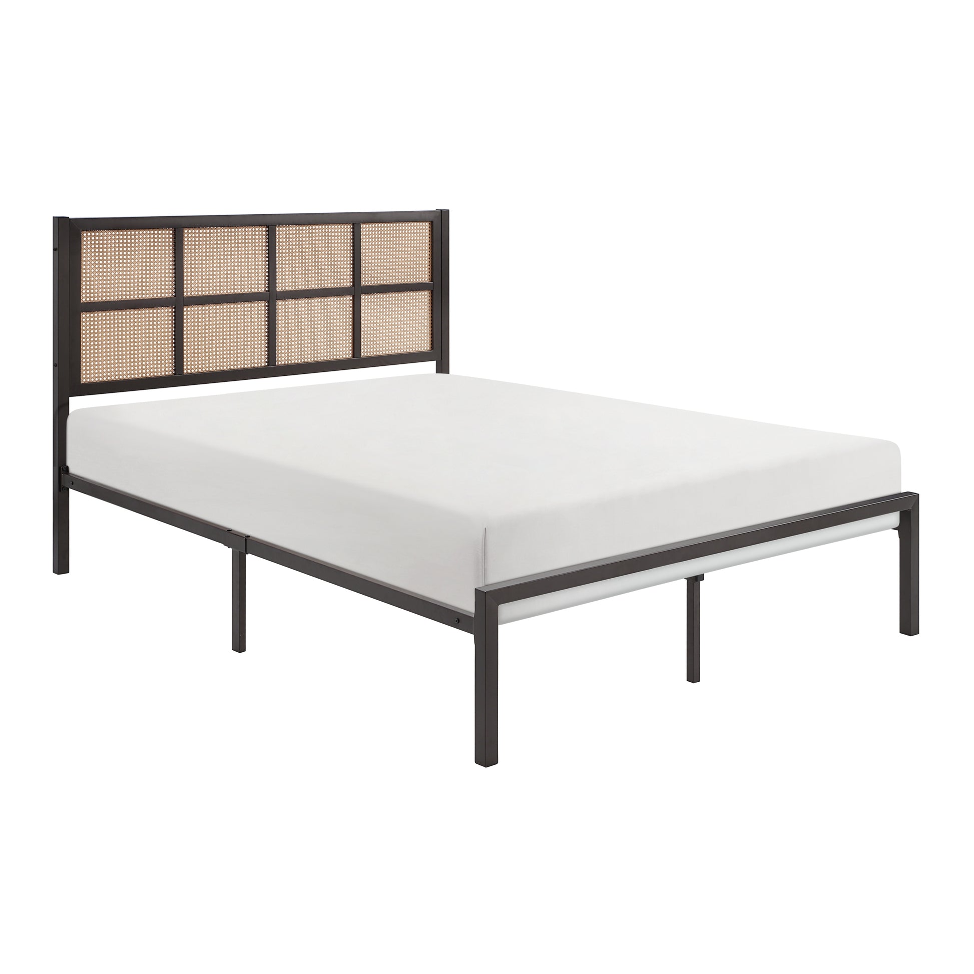 1Pc Full Platform Bed, Metal Frame Dark Bronze Finish Faux Cane Panel Headboard Casual Coastal Bedroom Furniture, Bed In A Box Box Spring Not Required Full Bronze Metal Bedroom Casual,Coastal Metal