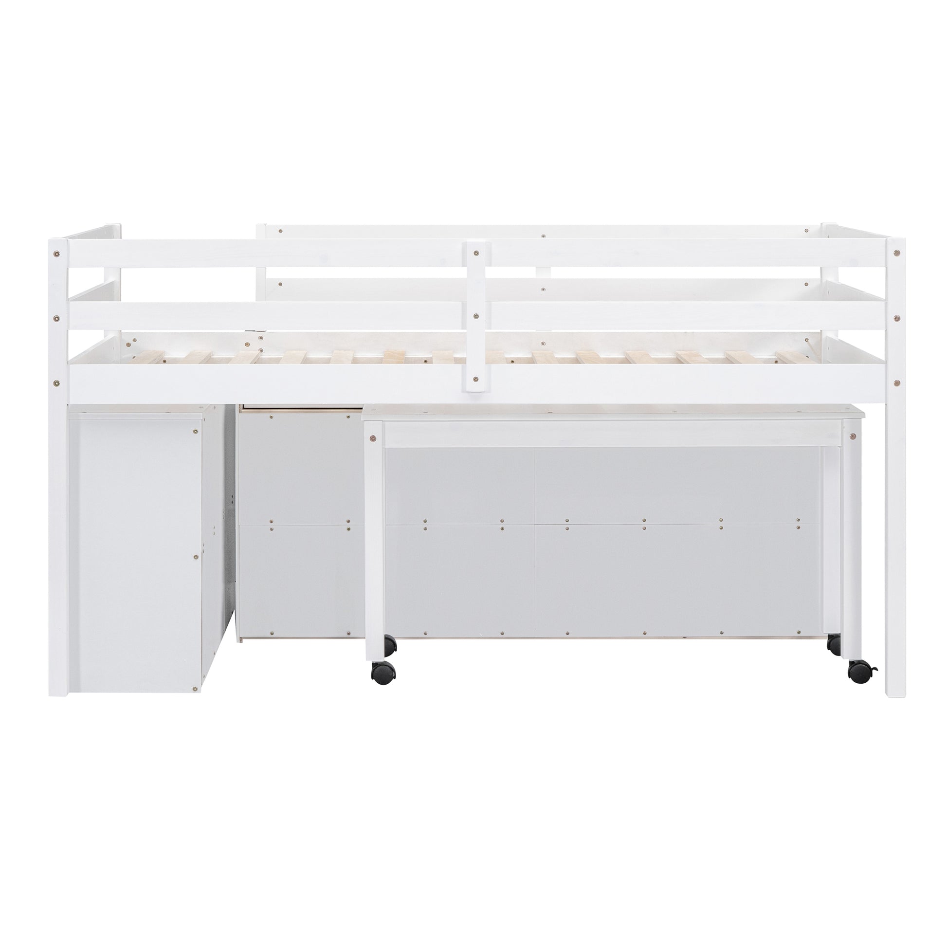 Twin Size Loft Bed With Retractable Writing Desk And 4 Drawers, Wooden Loft Bed With Lateral Portable Desk And Shelves, White White Solid Wood Mdf