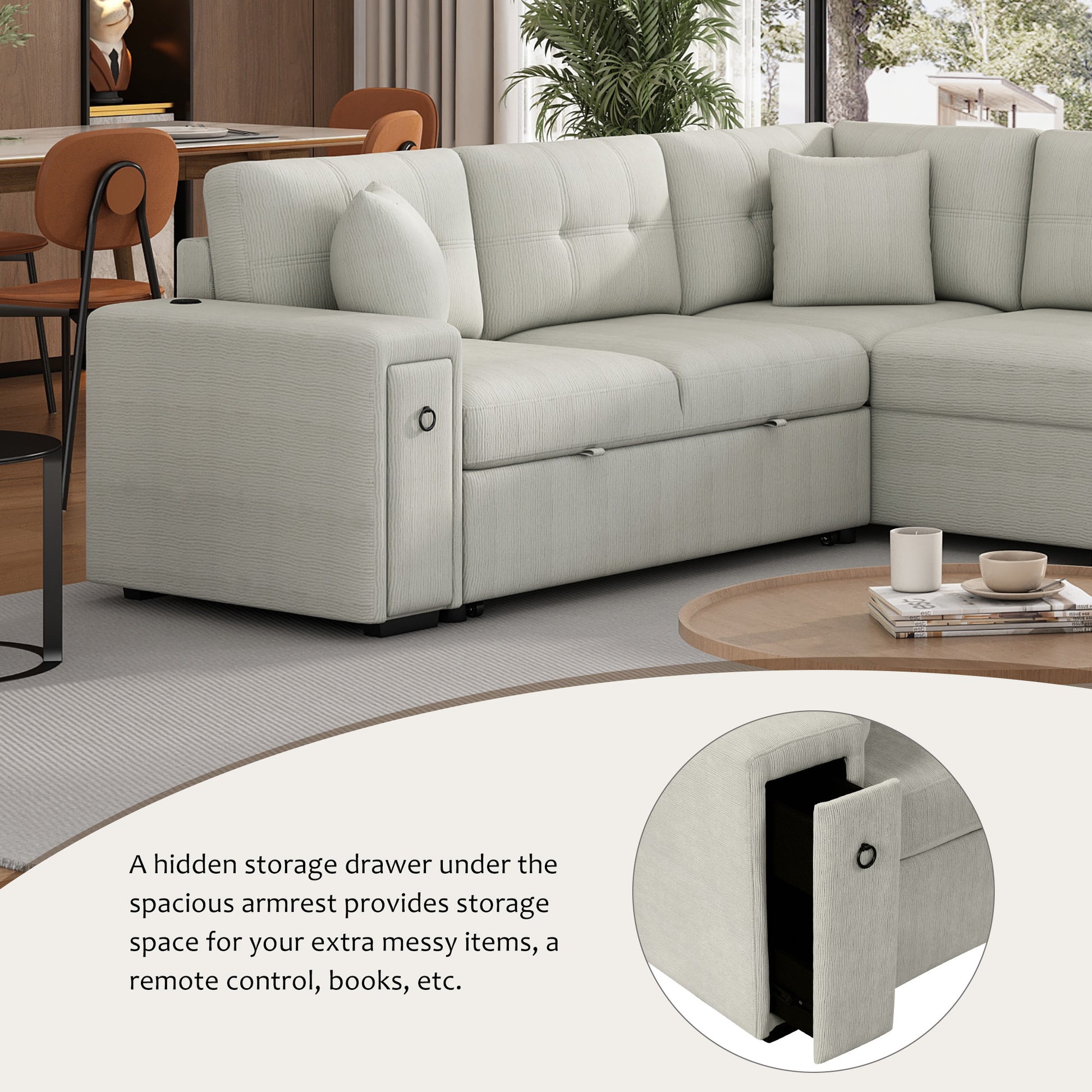 86.6" Sectional Sofa L Shaped Sofa Couch Pull Out Sofa Bed With A Movable Ottoman, Two Usb Ports And Two Cup Holders For Living Room, Gray Grey Foam Chenille 4 Seat