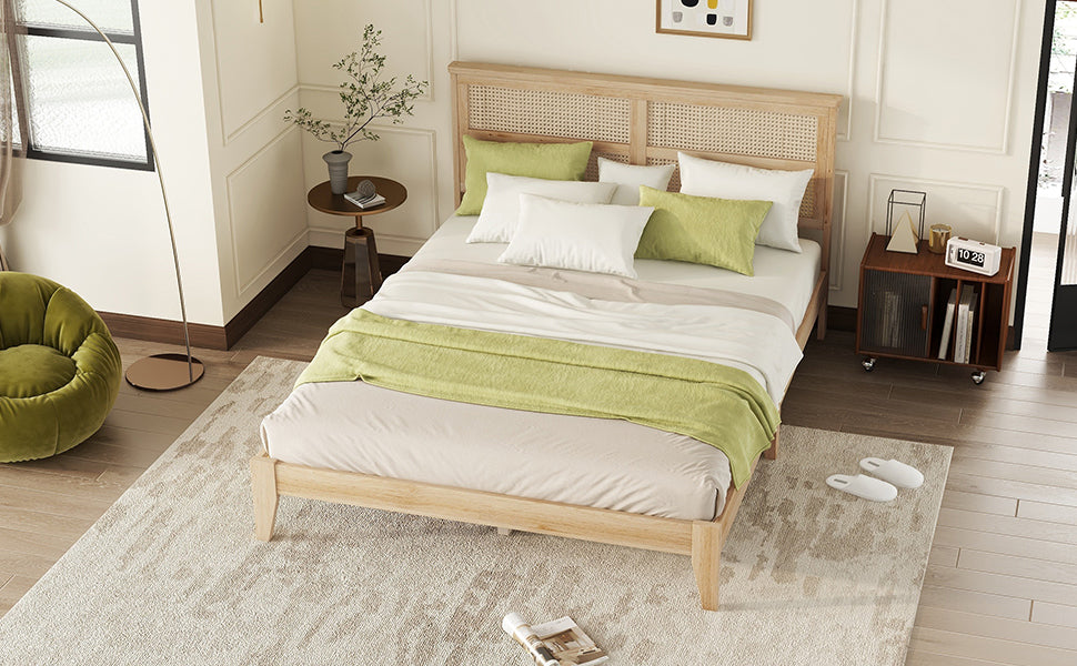 Queen Size Rubber Wooden, Solid Wooden Bed With Rattan Headboard, Enhanced By Support Feet Queen Natural American Design Rubber Wood
