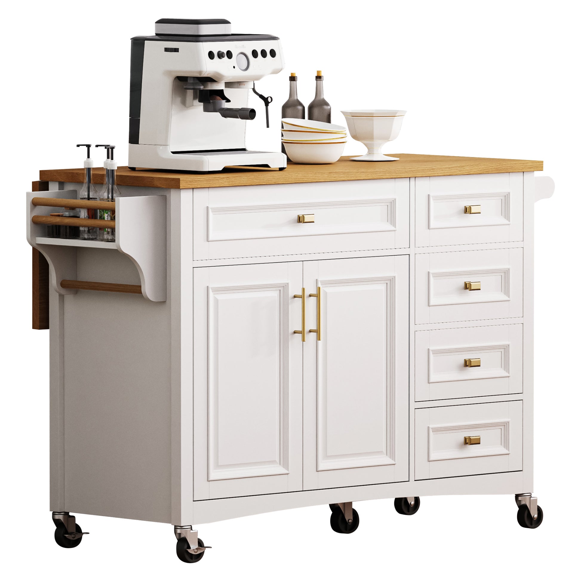 K&K 52'' Kitchen Island With Drop Leaf, Embossed Texture Kitchen Island On Wheels With Spice Rack, Towel Rack, 2 Doors And 5 Drawers, Kitchen Storage Cart With Adjustable Shelf For Kitchen, White