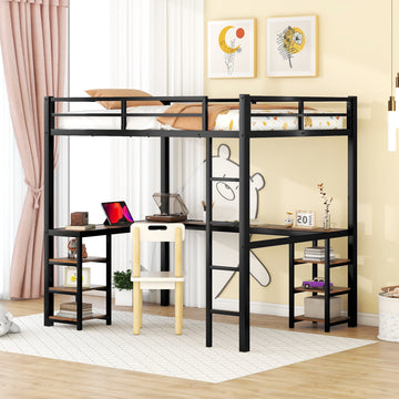 Full Metal Loft Bed With Desk And Shelves, Loft Bed With Ladder And Guardrails, Loft Bed Frame For Bedroom, Black With Vintage Wood Colored Desk Old Sku: W1307S00022 Full Black Metal