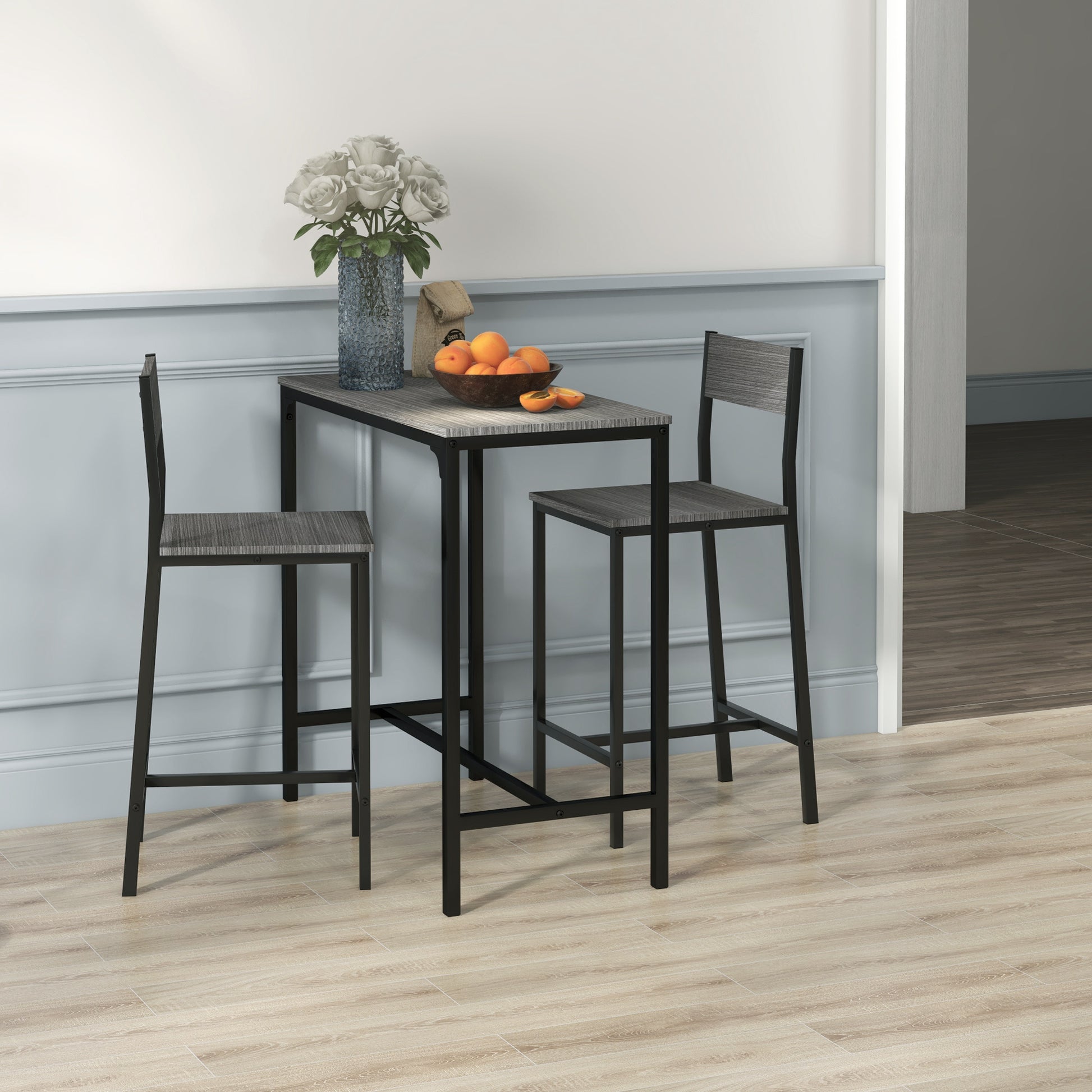 Homcom 3 Piece Bar Table And Chairs, Industrial Dining Table Set For 2, Counter Height Kitchen Table With Bar Stools, Breakfast Table Set For 2 For Small Space, Gray Grey Mdf