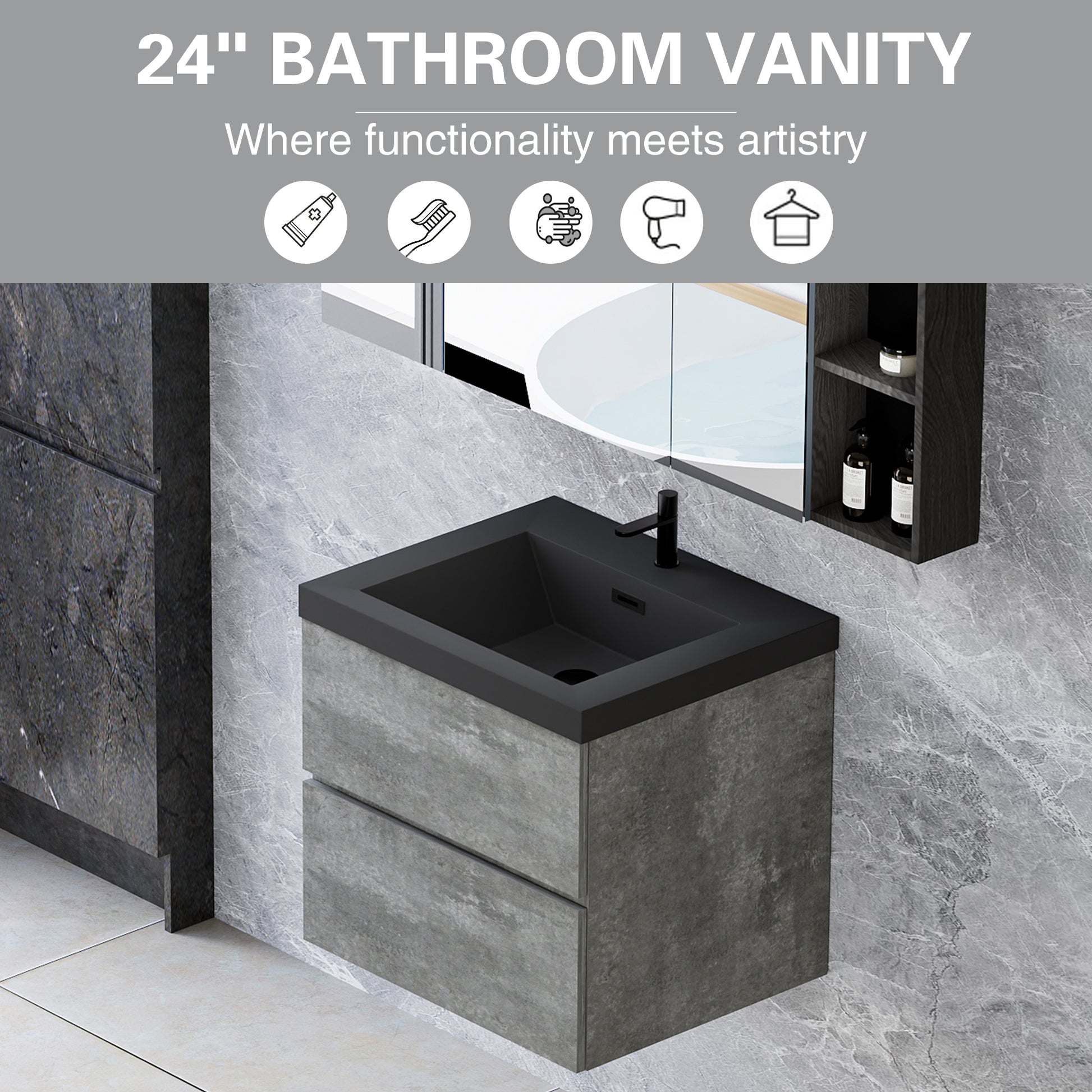 24" Floating Bathroom Vanity With Sink, Modern Wall Mounted Bathroom Storage Vanity Cabinet With Black Quartz Sand Top Basin And Soft Close Drawers, 24V12 24Gr Grey Grey Bathroom Wall Mounted Melamine