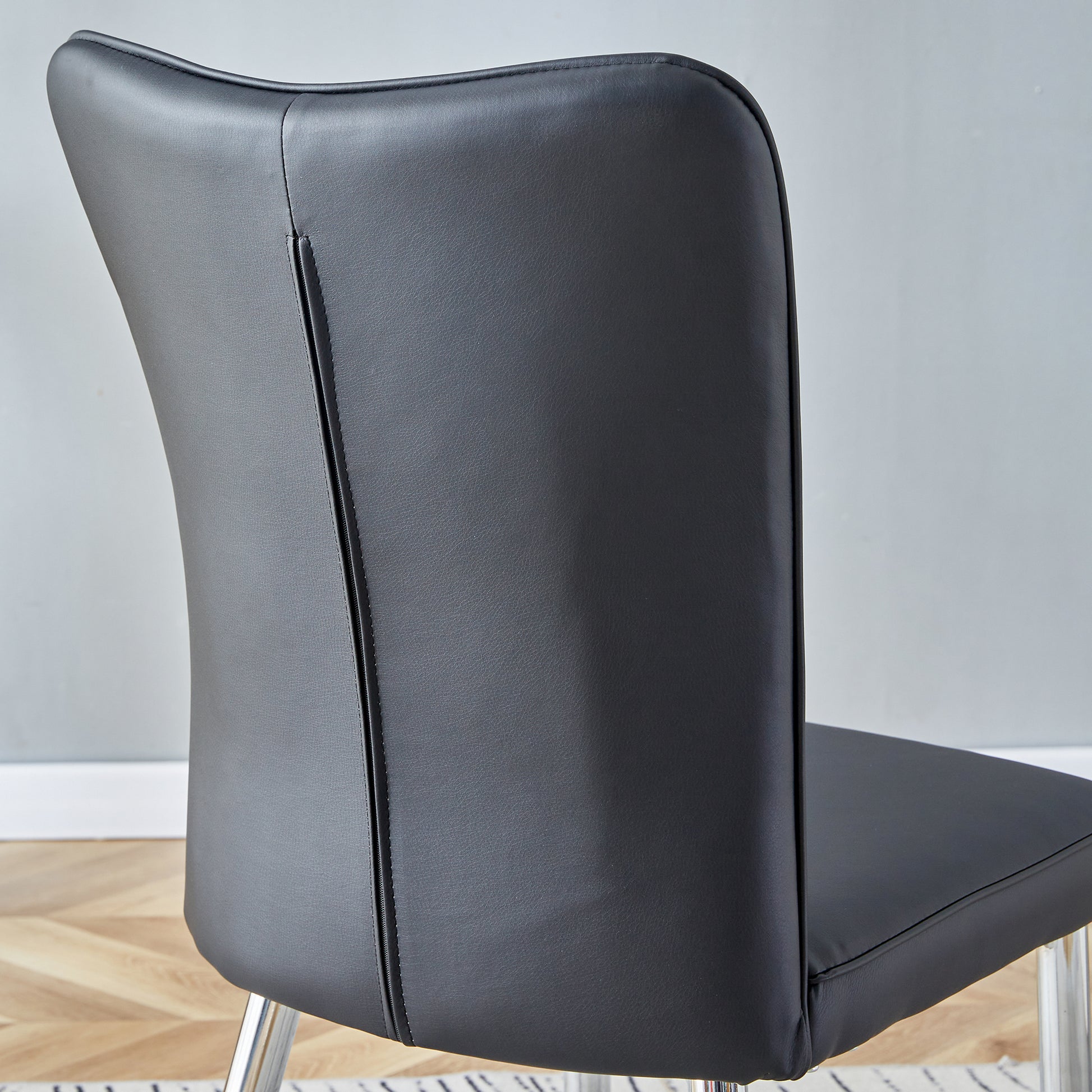 Table And Chair Set. Large Modern Rectangular Table With Brown Glass Top And Silver Metal Legs. It Comes With Soft And Comfortable Pu Seats, Faux Leather Upholstered Seats And Silver Metal Legs. Black,Brown Seats 4 Glass Metal