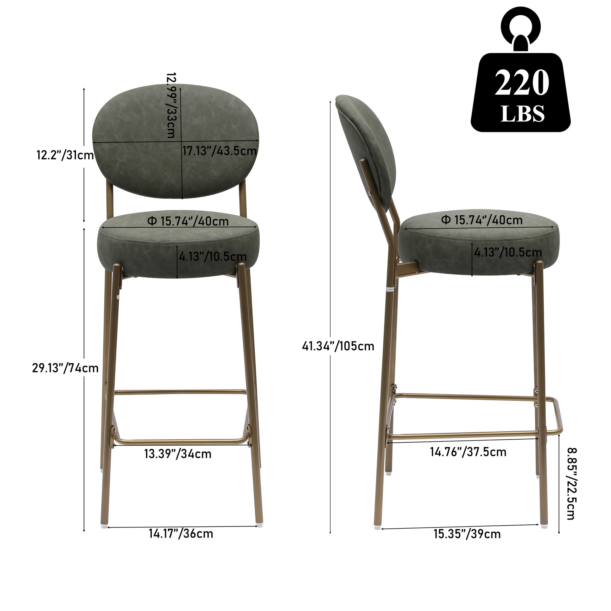 29'' H Seat Height Upholstered Bar Stools Set Of 2 Faux Leather Counter Dining Stool With Golden Legs Modern Round Kitchen Chairs Green Green Dining Room Foam Dry Clean Round Modern Set Of 2 Foam