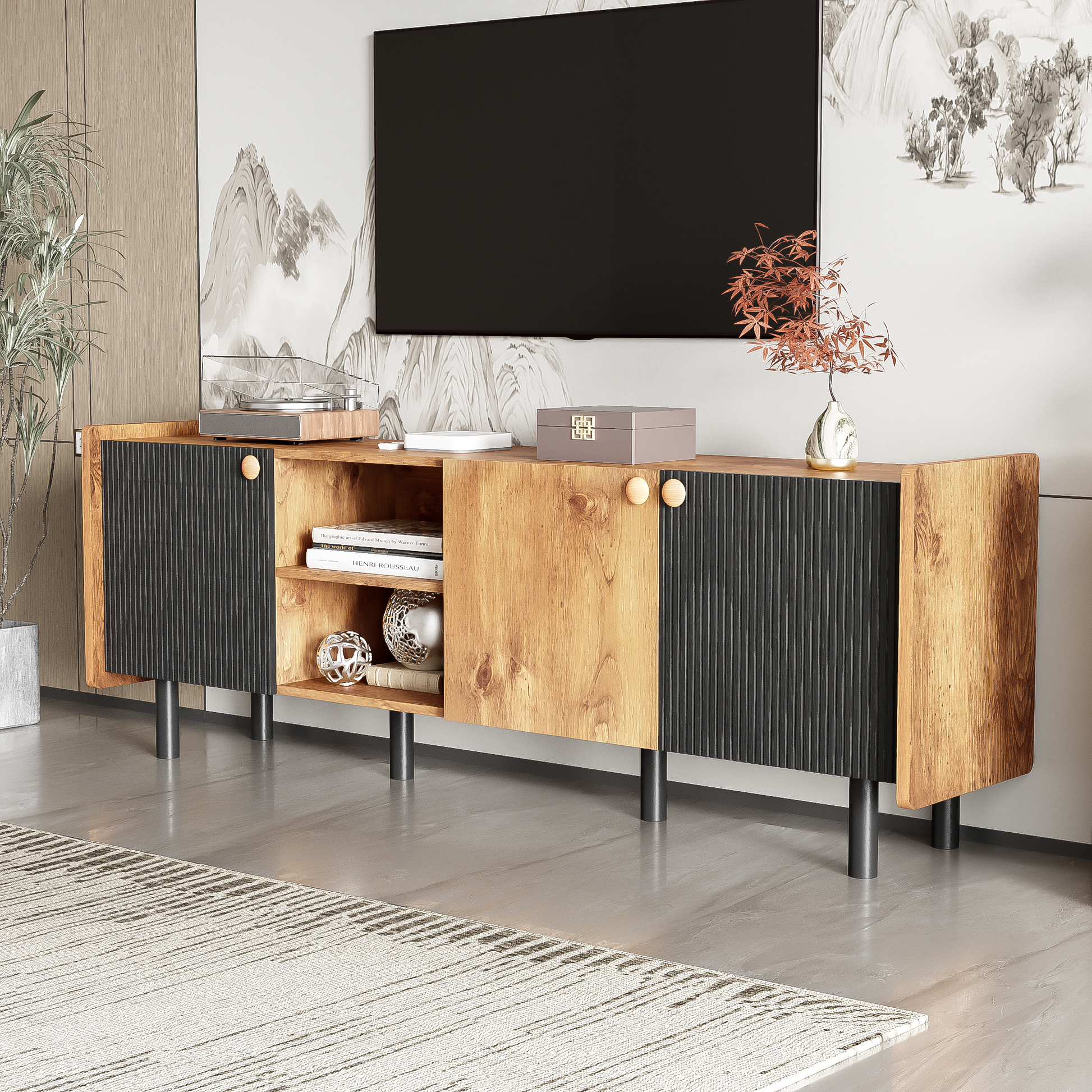 Mid Century Tv Stand With 3 Cabinets, Media Console Table For Tvs Up To 70'', Entertainment Center With Storage For Living Room, Bedroom, Home Theatre Black Brown Primary Living Space 60 69 Inches