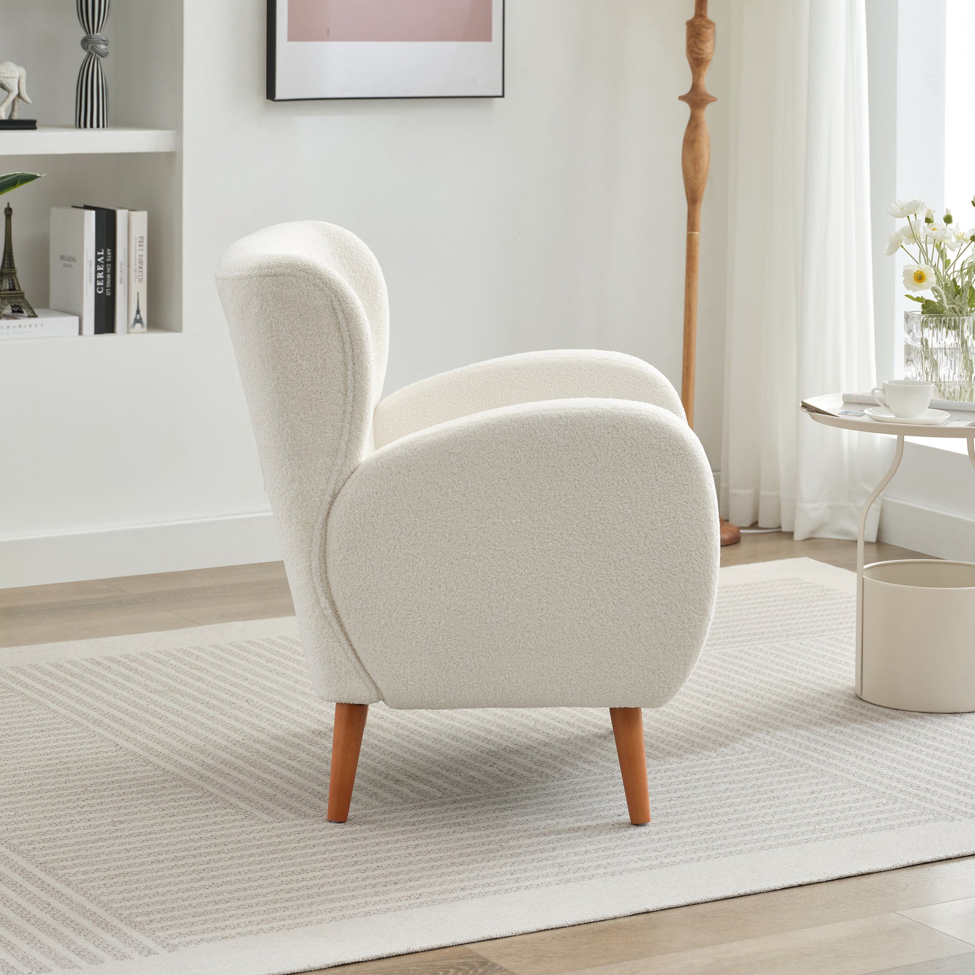 Mirod Modern Wing Back Lounge Chair Stylish Design, Soft Fabric, Solid Wood Legs, Easy Assembly, Durable Frame Beige Boucle