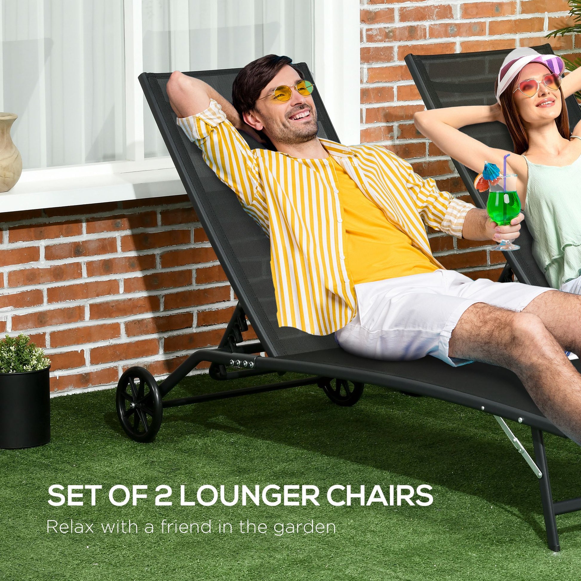 Outsunny Chaise Lounge Outdoor, 2 Piece Lounge Chair With Wheels, Tanning Chair With 5 Adjustable Positions For Patio, Beach, Yard, Pool, Black Black Fabric