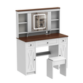 Farmhouse Vanity Desk With Sliding Mirror,Lights And Charging Station,Makeup Table Desk With Dimmable Led Light,Vanity Makeup Table With Sponge Soft Stool,White Brown Finish White Drawer 5 Drawers &