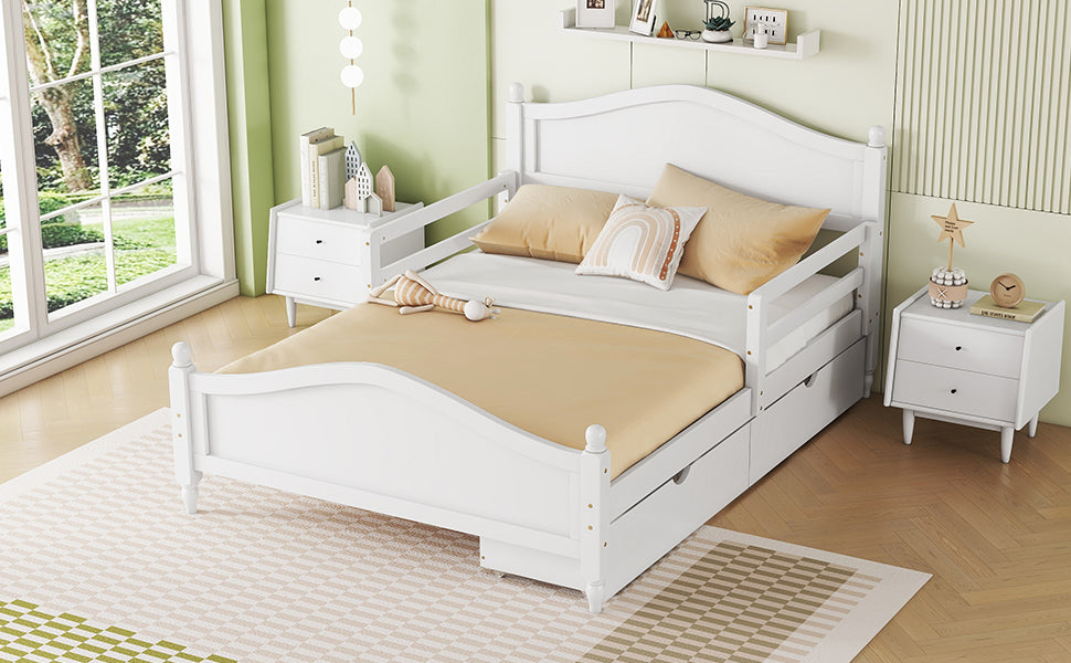 Full Size Wood Platform Bed With Guardrails On Both Sides And Two Storage Drawers ,White Full White Wood