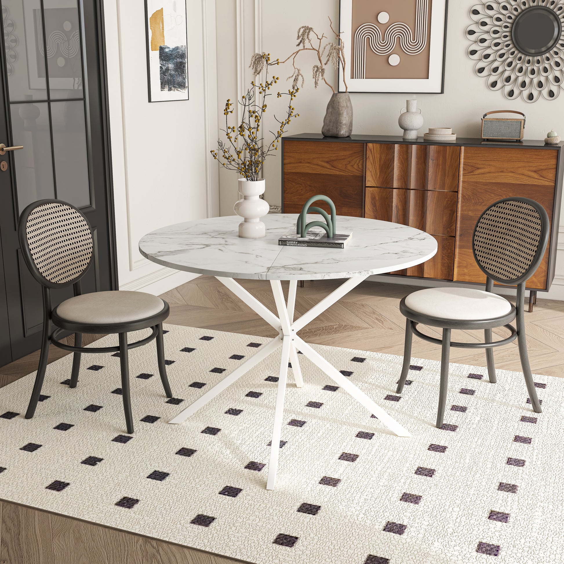 42.13'' Modern Cross Leg Round Dining Table, White Marble Top Occasional Table, Two Piece Removable Top, Matte Finish Iron Legs White Mdf Metal