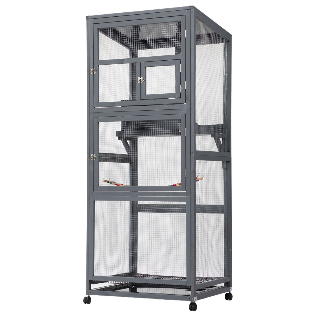 Wood Bird Cage With Universal Wheels Gray Gray Wood Metal