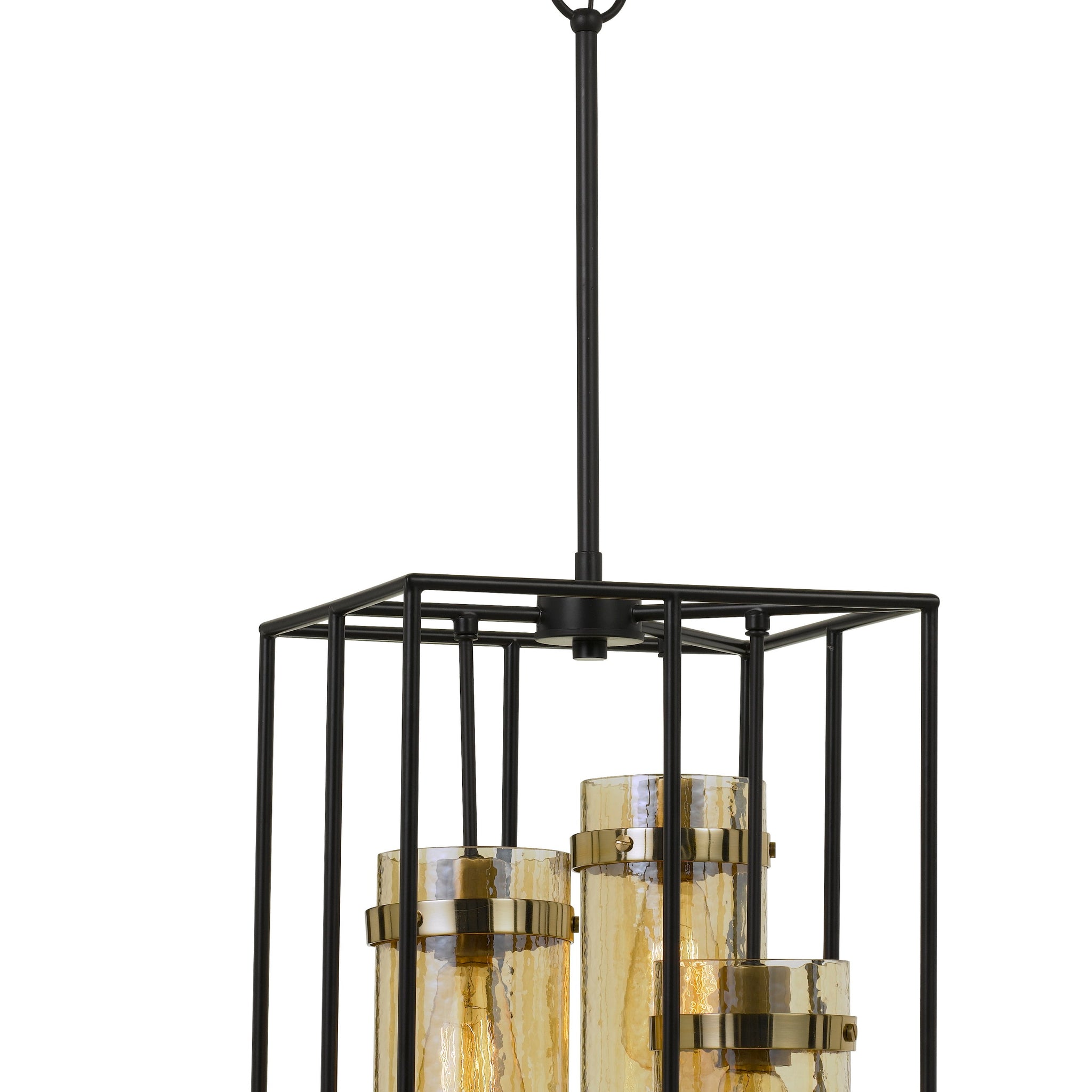 Rectangular Open Cage Design Pendant With Cylindrical Glass Shade, Black Bronze Glass Metal